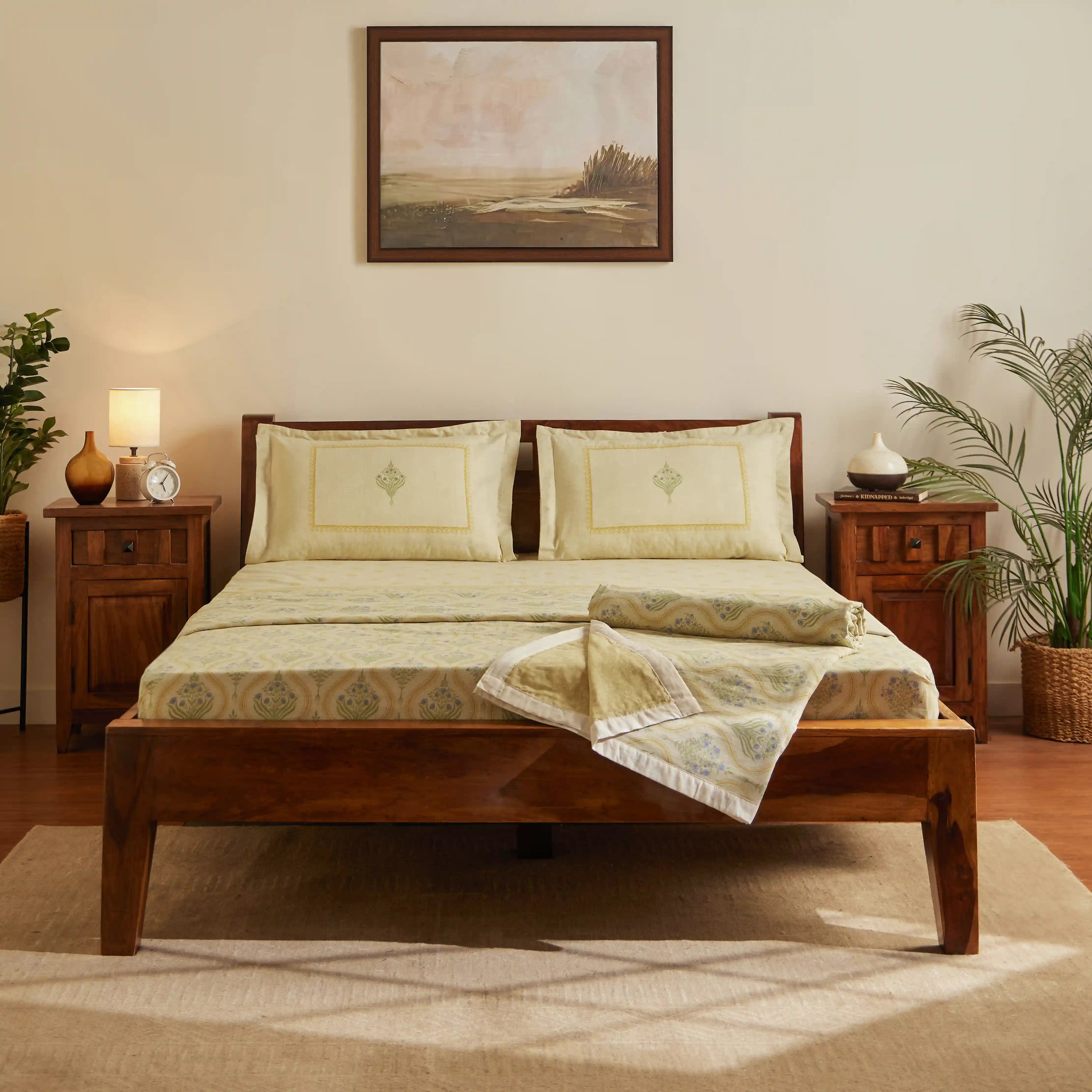 Chippa Lane | Contemporary Indian Print Design Coordinated Bedding Set | Set of Bedsheet & Dohars-Mustard Mustard / Double