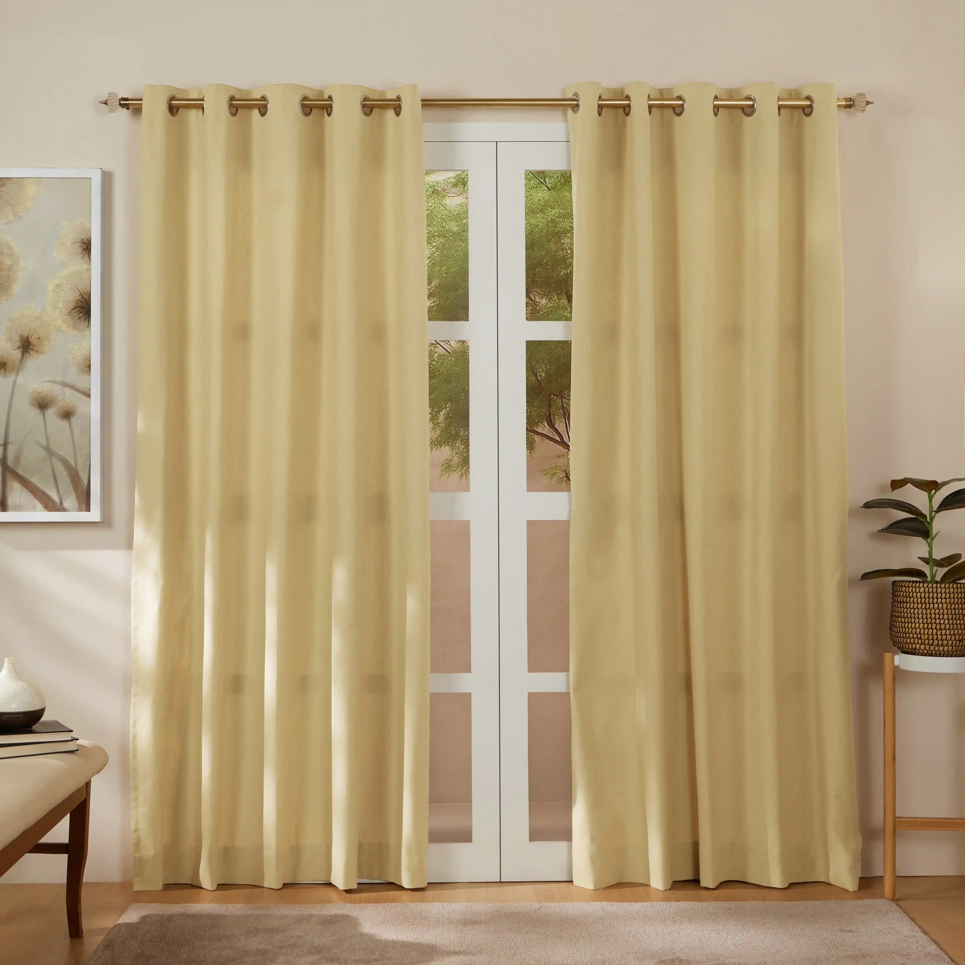 Pelushe Set Of 2 100% Cotton Solid Readymade Curtains | Everyday Hues Sand / Door (7ft X 4.4ft)