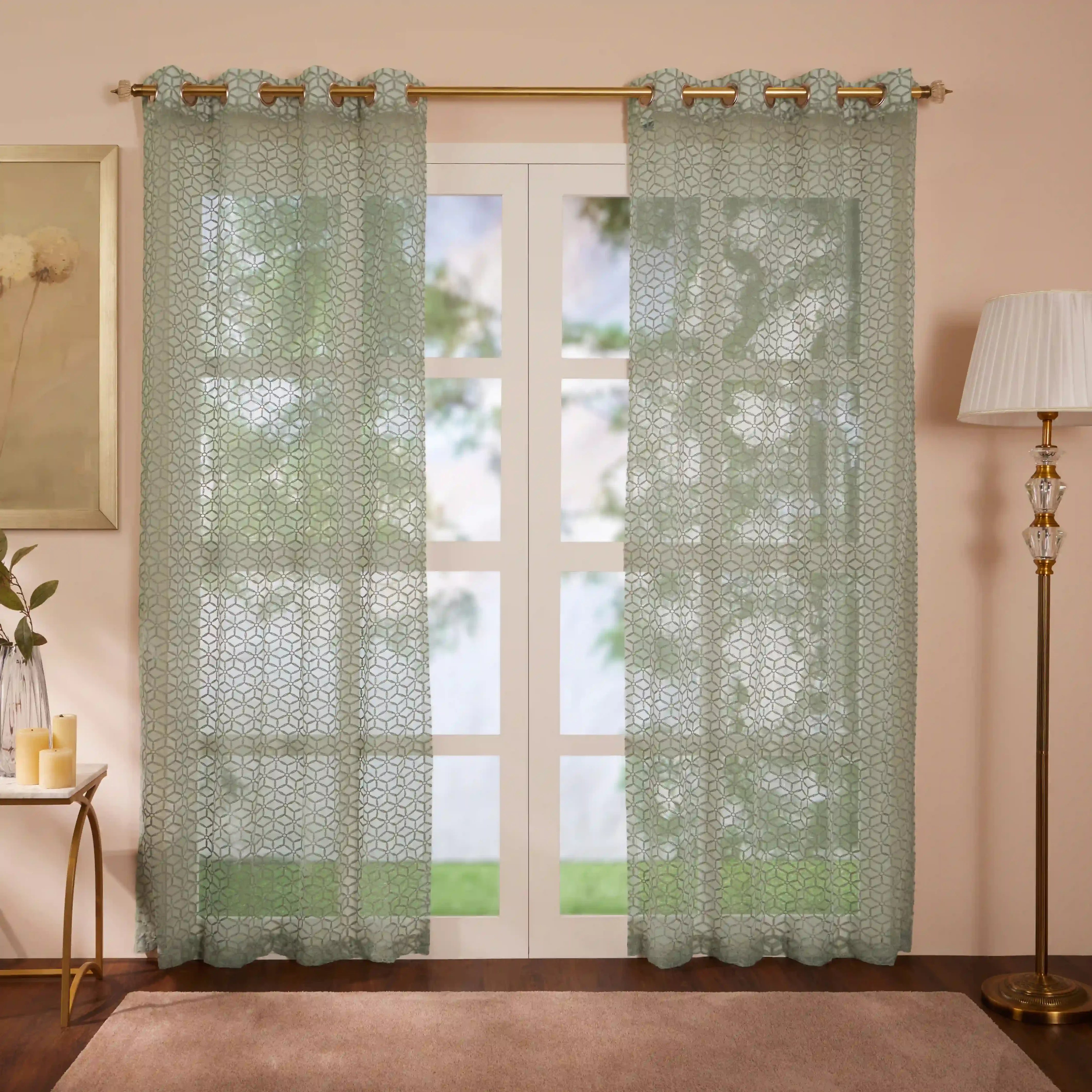 Velina Set Of 2 Embroidered Sheer Readymade Curtains | Whispering Trellis Slate Ash / Door (3.60ft X 7.22ft)