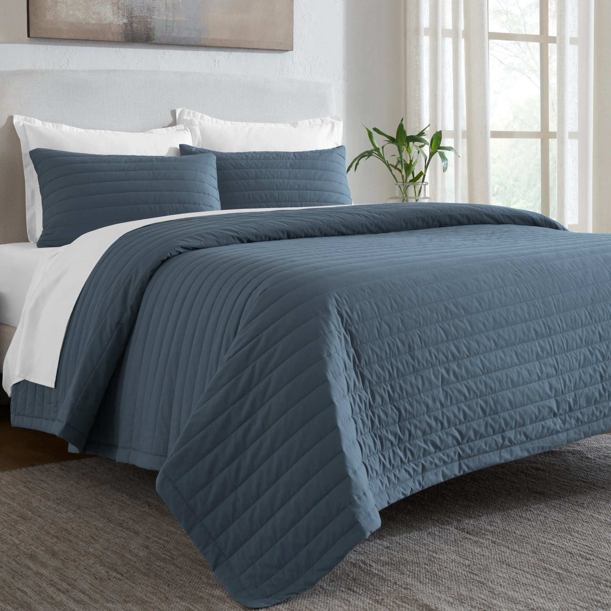 Nuvola | Luxurious Solid Dyed Straight Quilted Cotton Bedcover Set Estate Blue