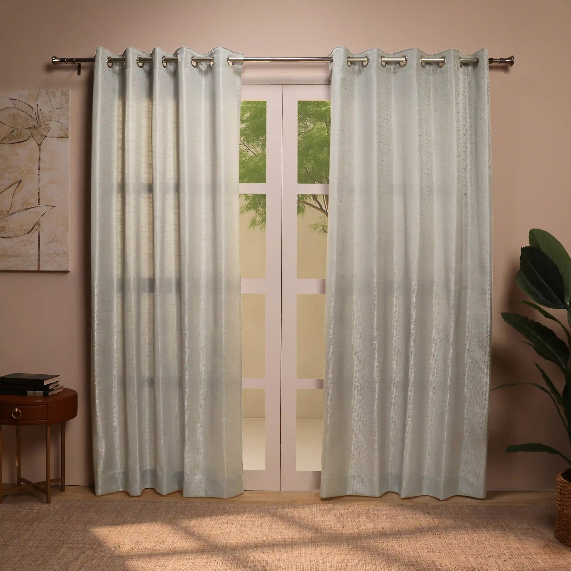 De Jacquard - Classic Set Of 2 Jacquard Readymade Curtains | Layered Lines Steel / Door (7ft X 4.4ft)