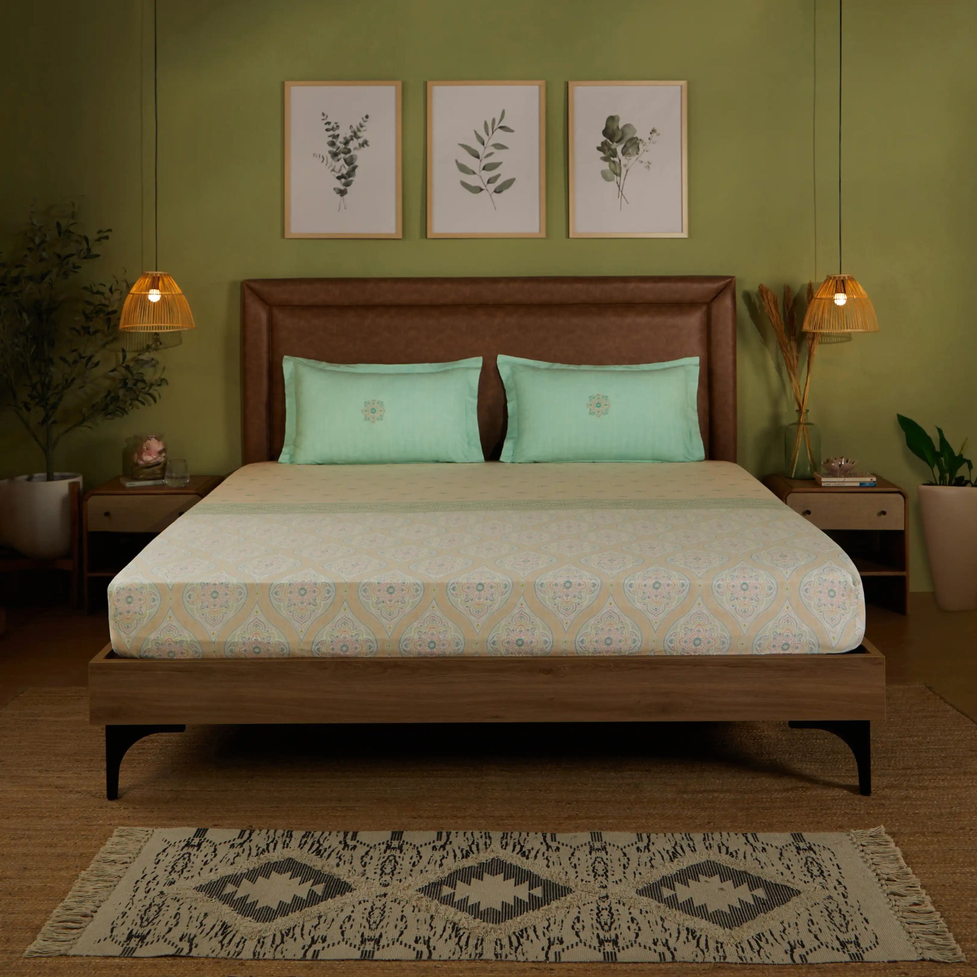 Chippa Lane | Contemporary Indian Print Design Cotton Bedsheet Set-Sage Sage / Super King