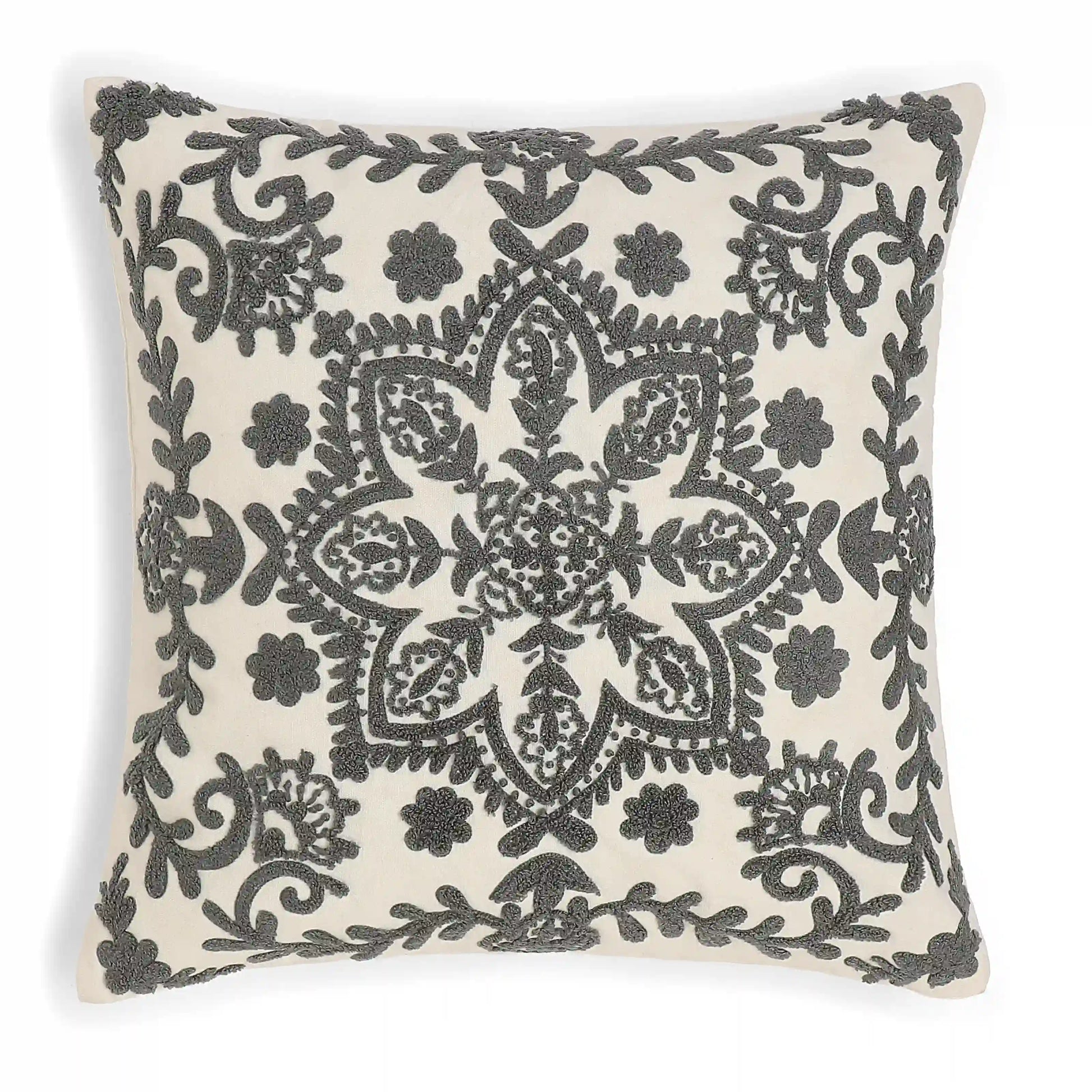 Espricia Embroidered Cushion Cover | Banjara Bloom Ash / Cushion Cover (51cm x 51cm)