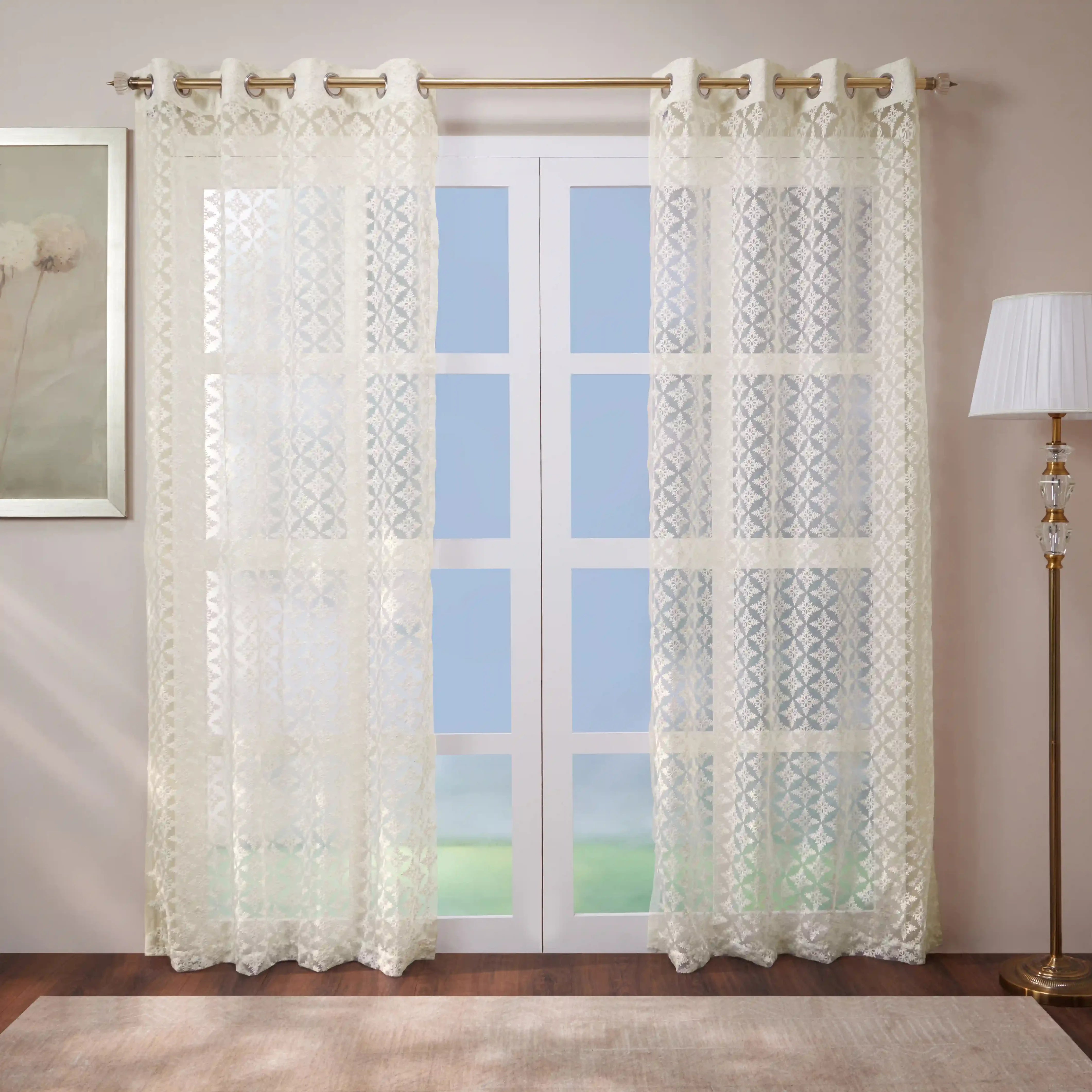Velina Set Of 2 Embroidered Sheer Readymade Curtains | Royal Jharokha Feather White / Door (3.60ft X 7.22ft)