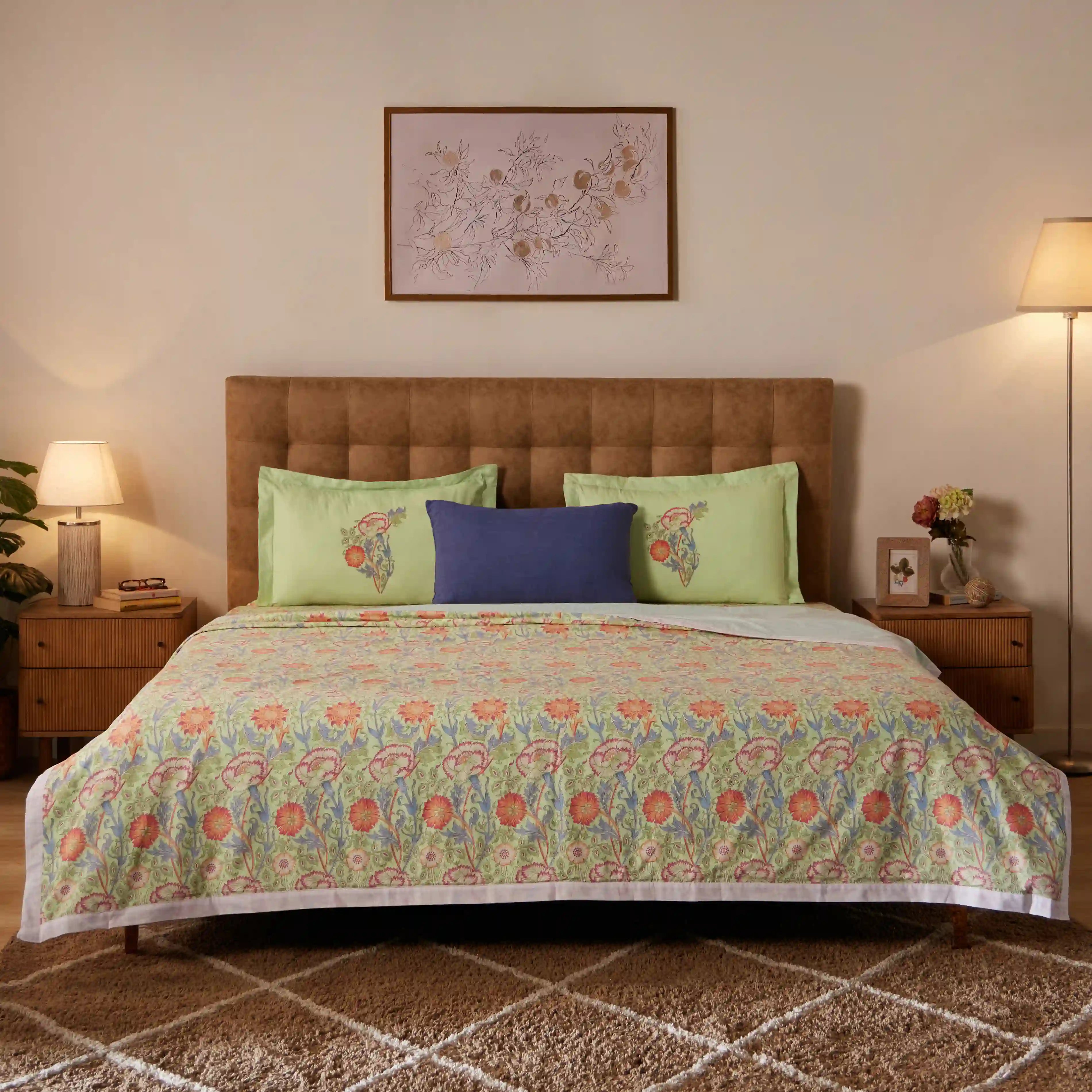 Chippa Lane | Contemporary Indian Print Design Coordinated Bedding Set | Set of Bedsheet & Dohar Green / Double