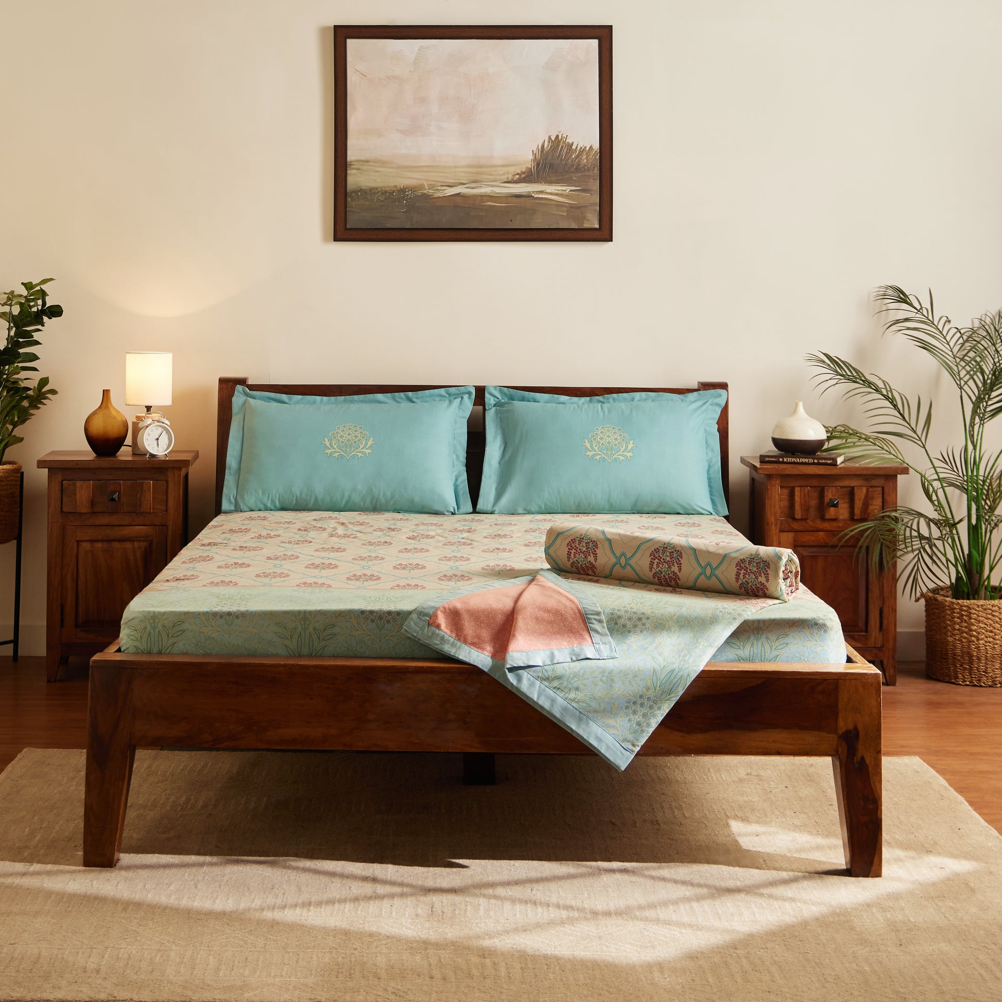 Chippa Lane | Contemporary Indian Print Design Coordinated Bedding Set | Set of Bedsheet & Dohars-Sage Bloom Sage Bloom / Double