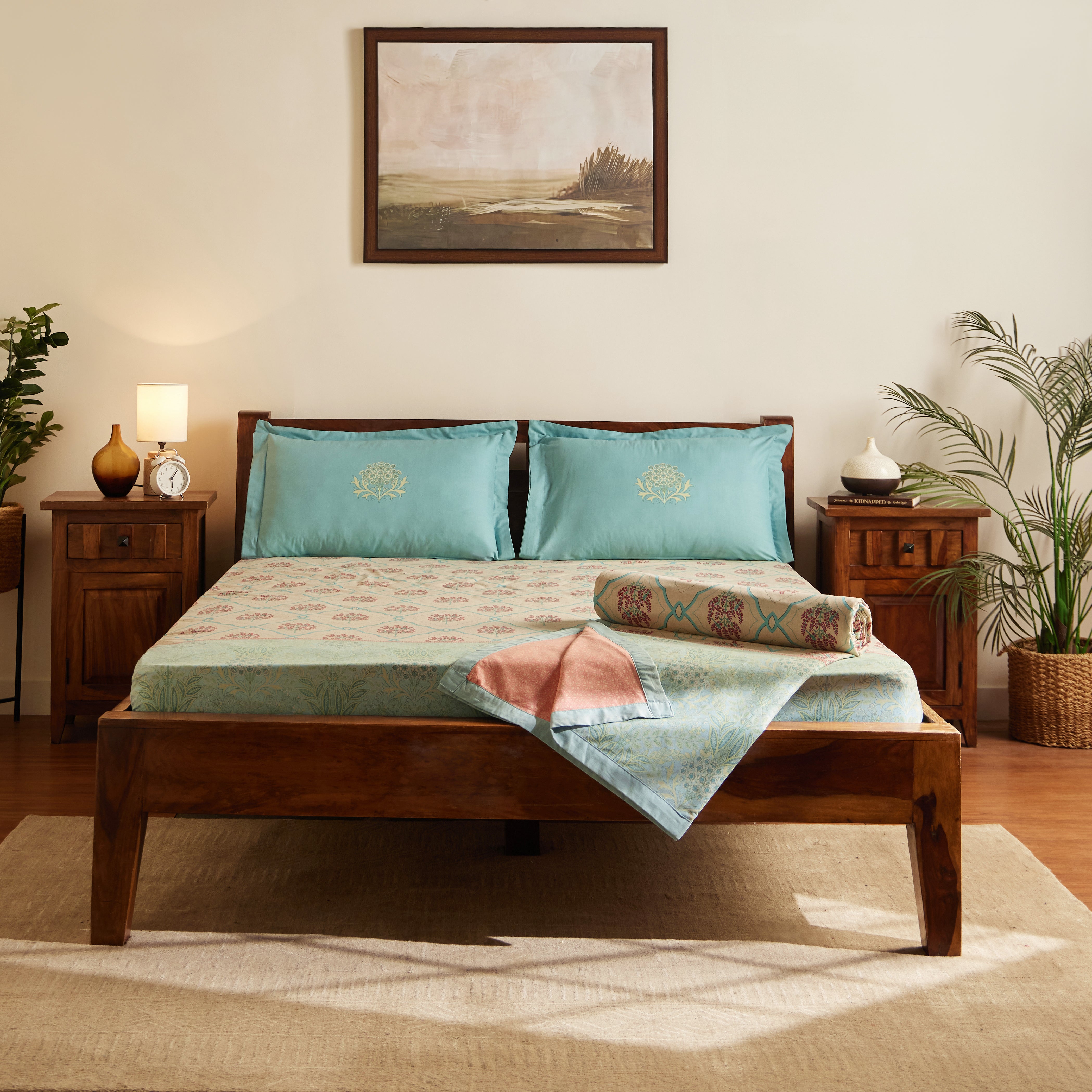 Chippa Lane | Contemporary Indian Print Design Coordinated Bedding Set | Set of Bedsheet & Dohars-Sage Bloom Sage Bloom / Double