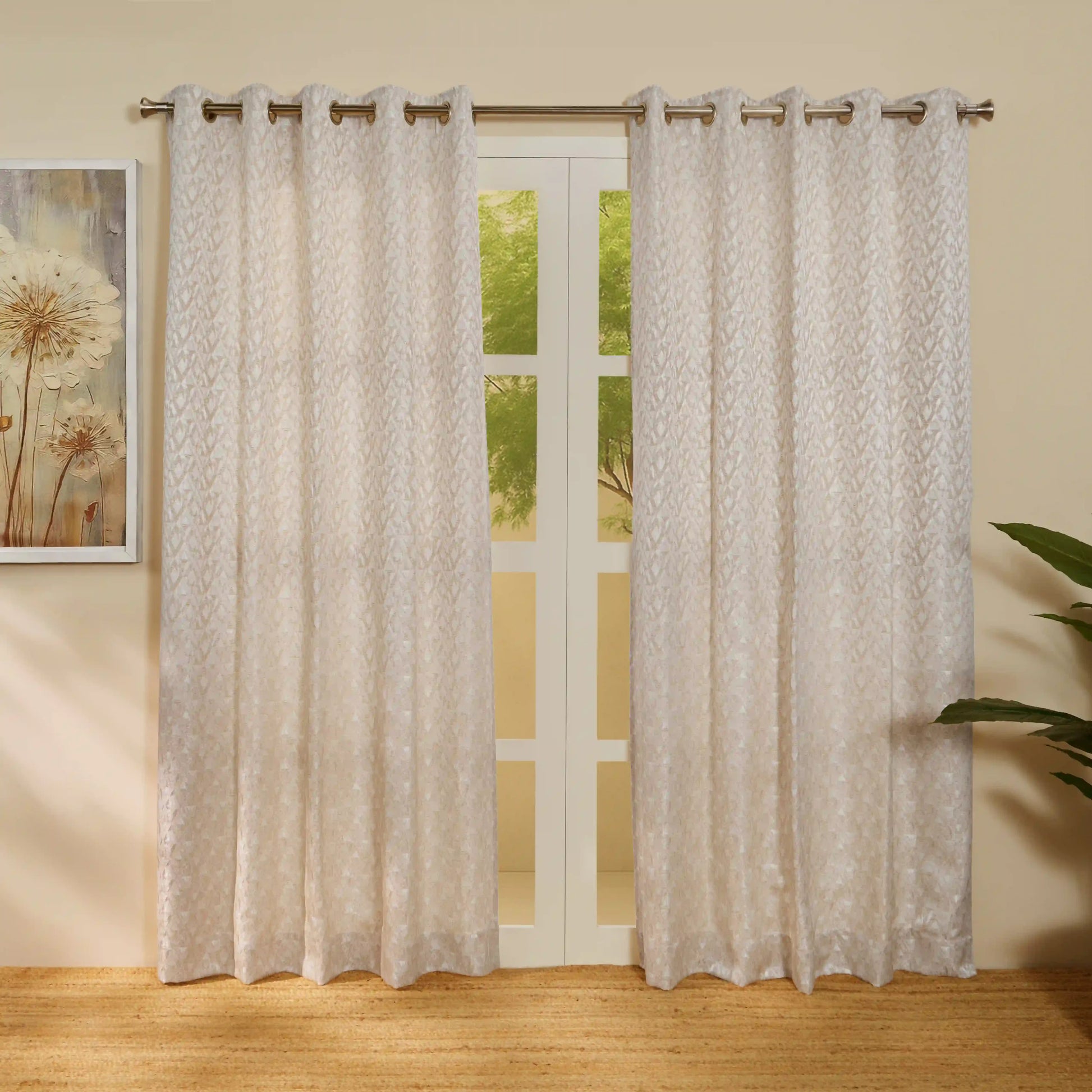 De Jacquard - Classic Set Of 2 Jacquard Readymade Curtains | Diamond Drift Lime / Door (7ft X 4.4ft)