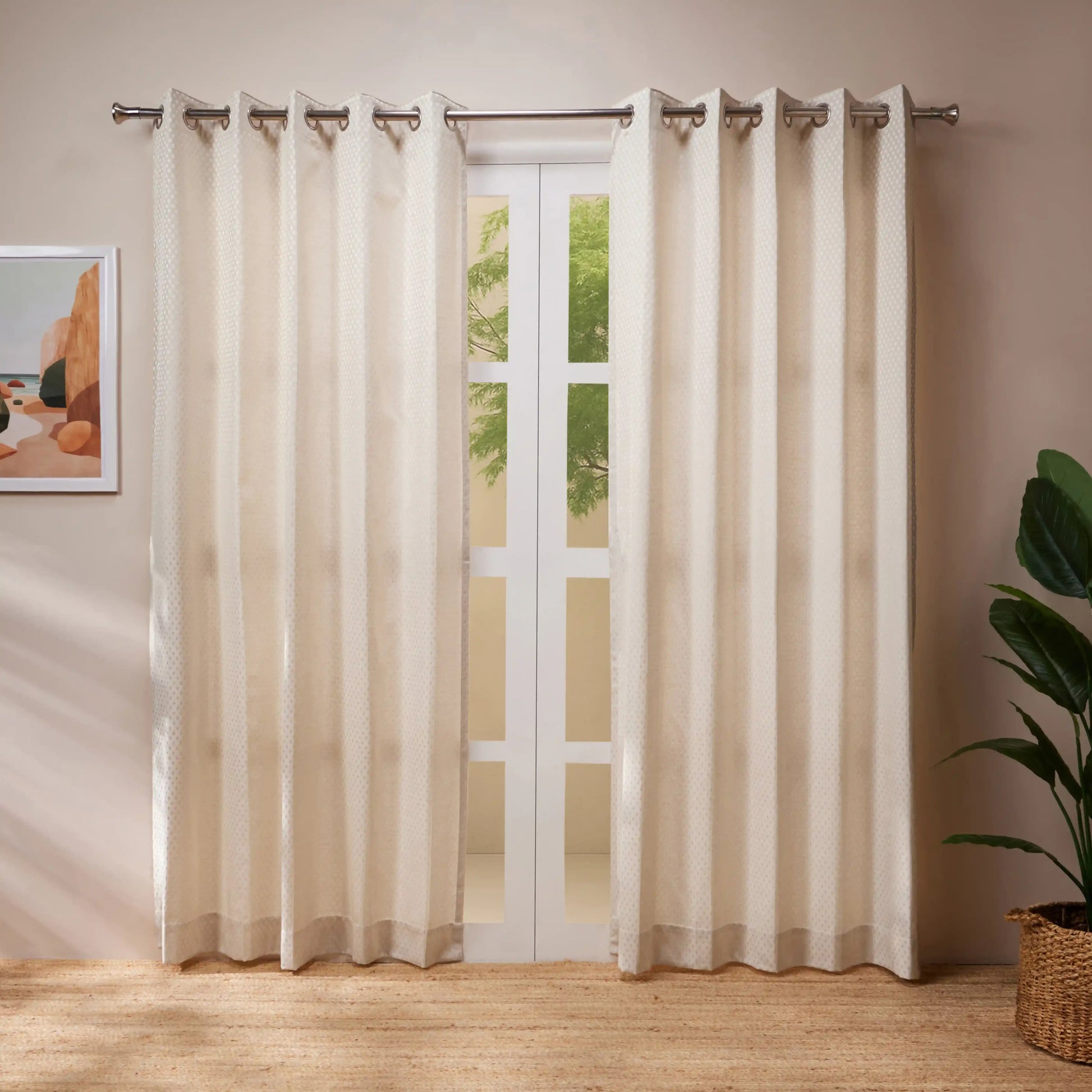 De Jacquard - Classic Set Of 2 Jacquard Readymade Curtains | Ethnic Wave Creamy Dune / Door-XL (9ft X 4.4ft)
