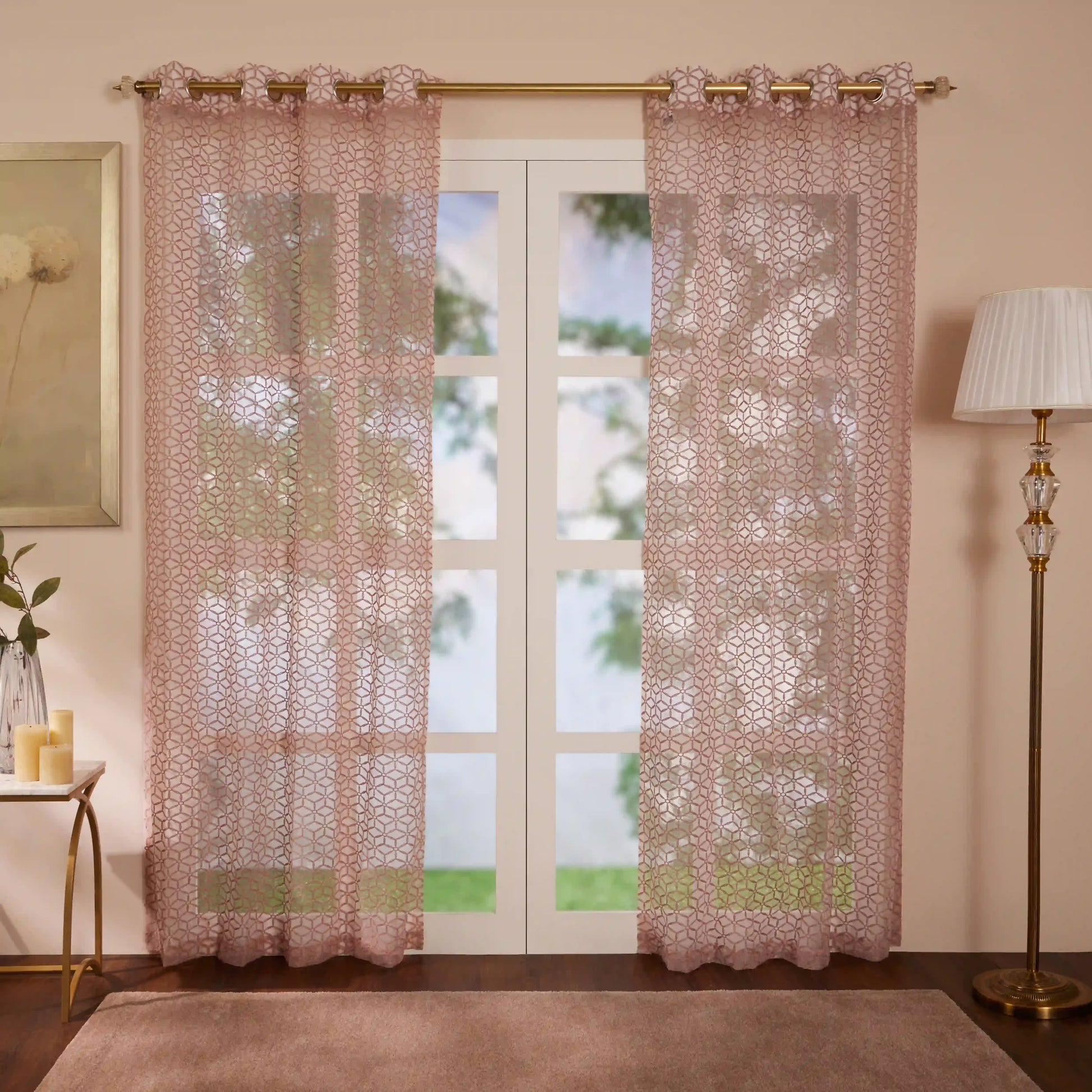 Velina Set Of 2 Embroidered Sheer Readymade Curtains | Whispering Trellis Cherry Blossom / Door (3.60ft X 7.22ft)