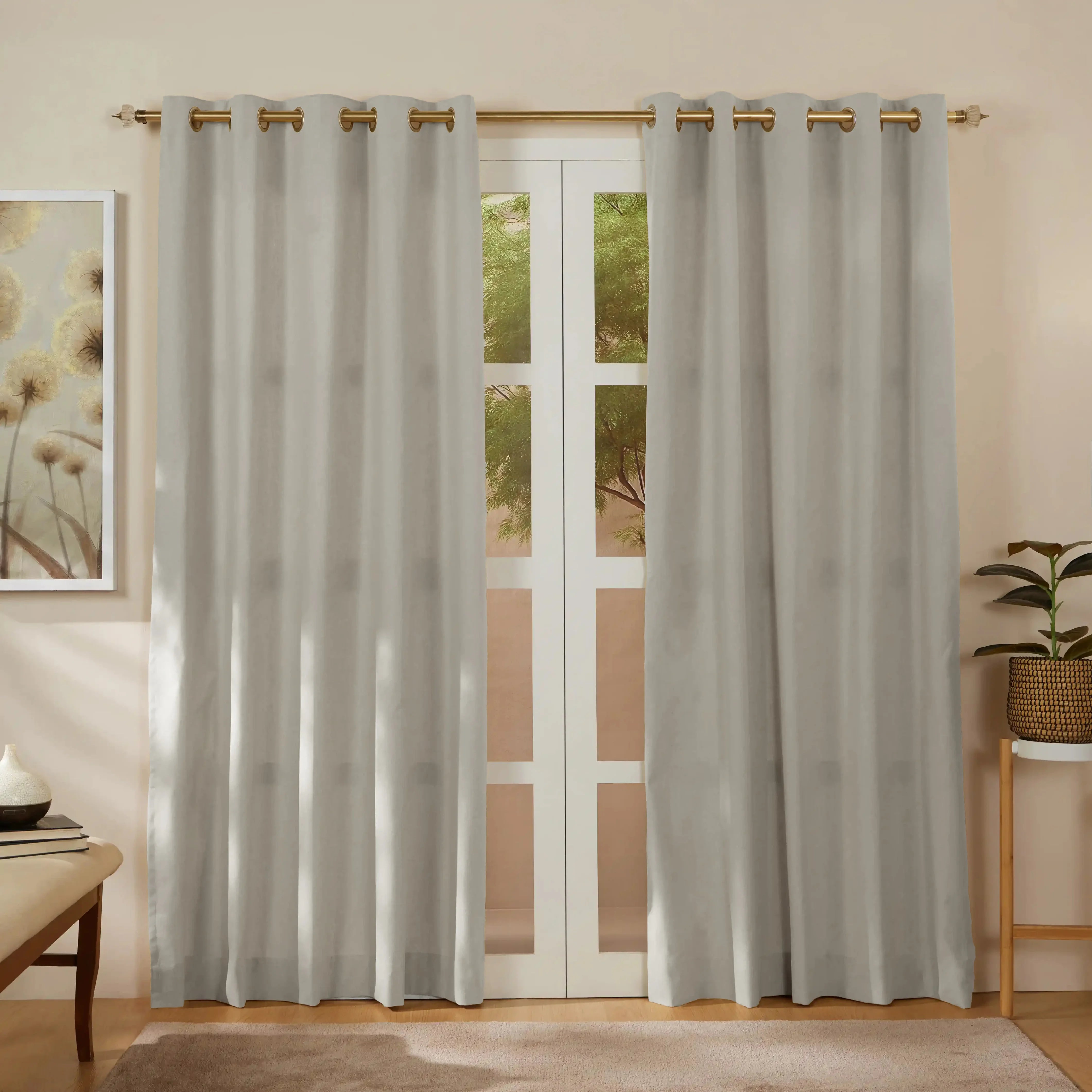 Pelushe Set Of 2 100% Cotton Solid Readymade Curtains | Everyday Hues Feather / Door (7ft X 4.4ft)