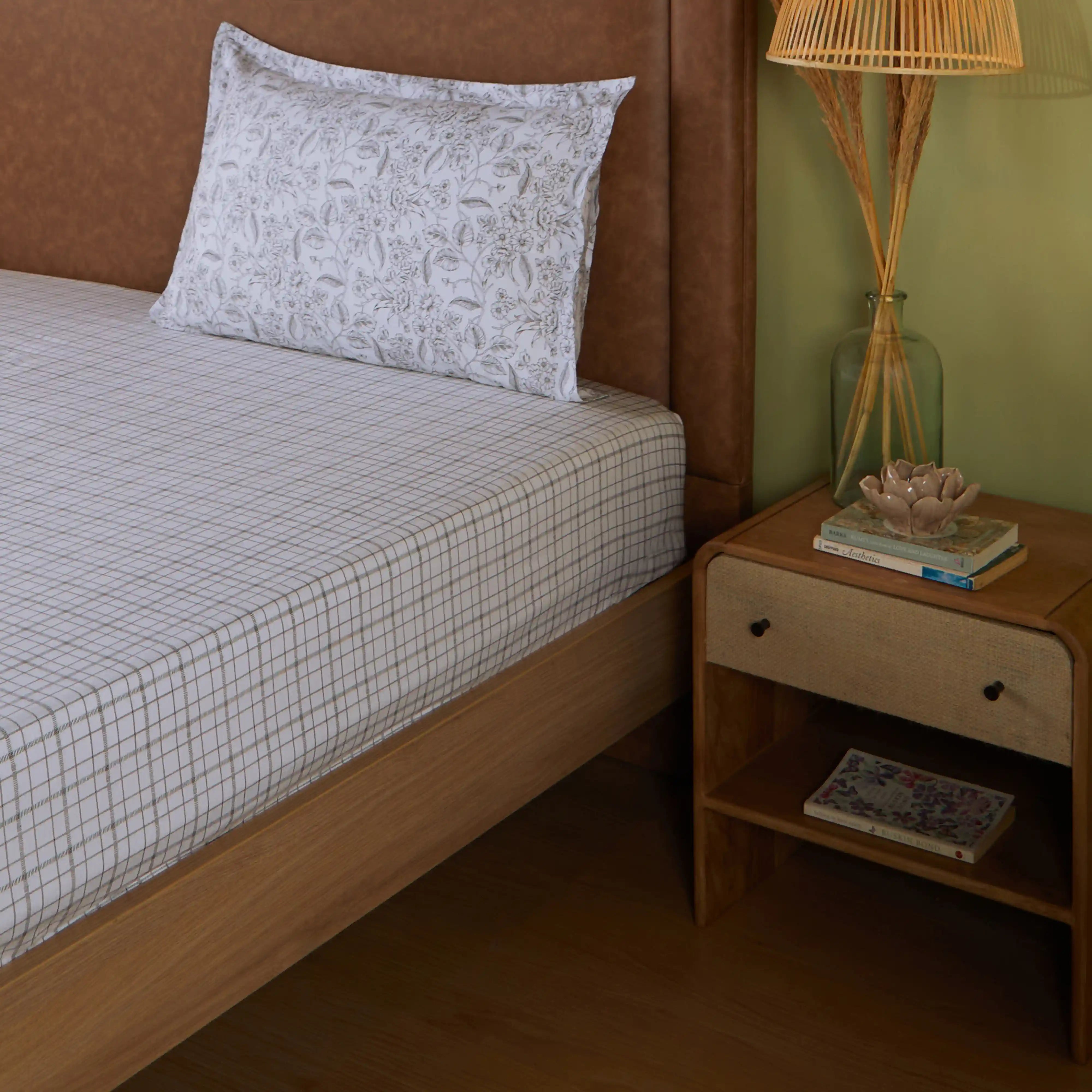 Mishella | Mix & Match Printed Cotton Bedsheet Set - Charcoal Checks Charcoal Checks / Single