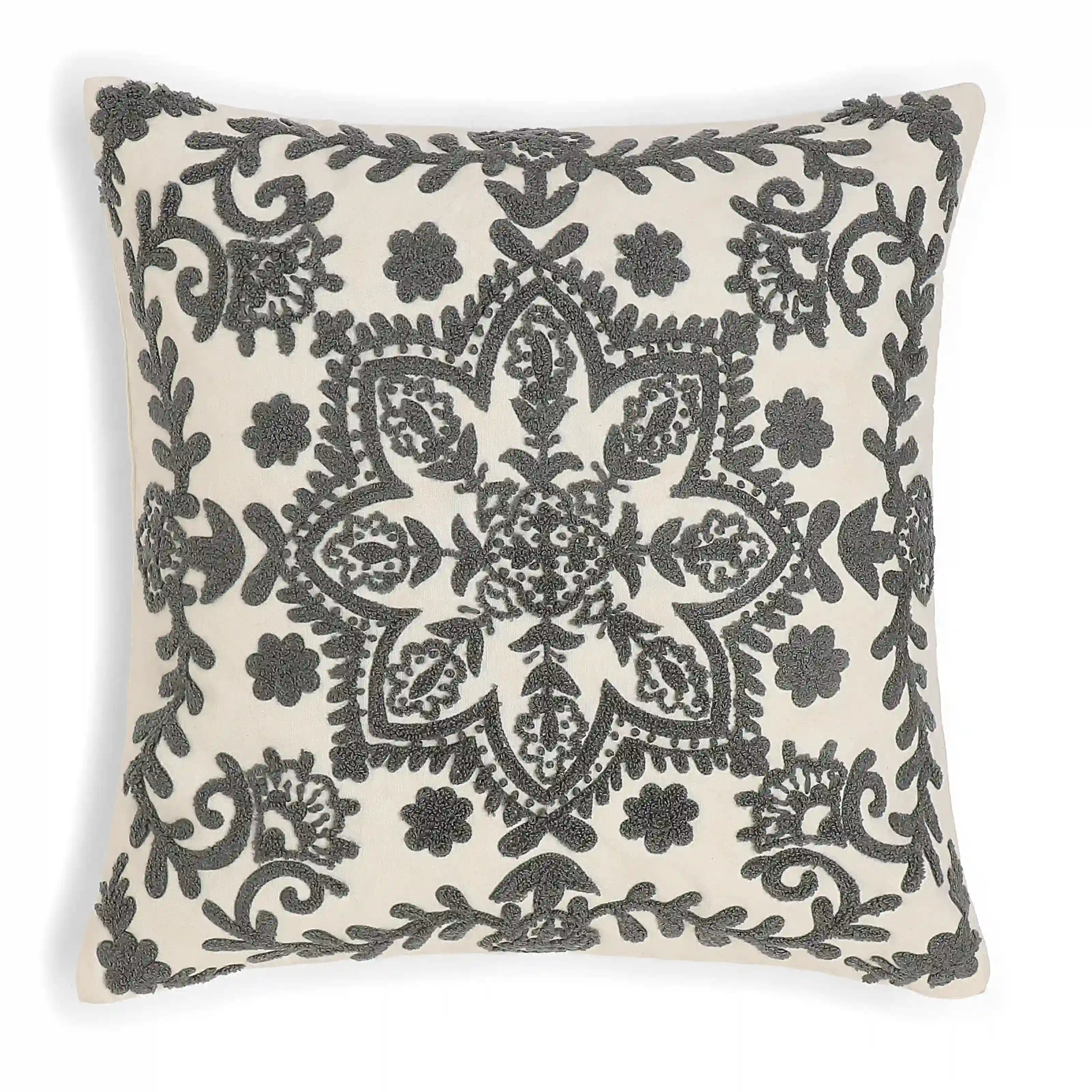 Espricia Embroidered Cushion Cover | Banjara Bloom Ash / Cushion Cover (41cm x 41cm)