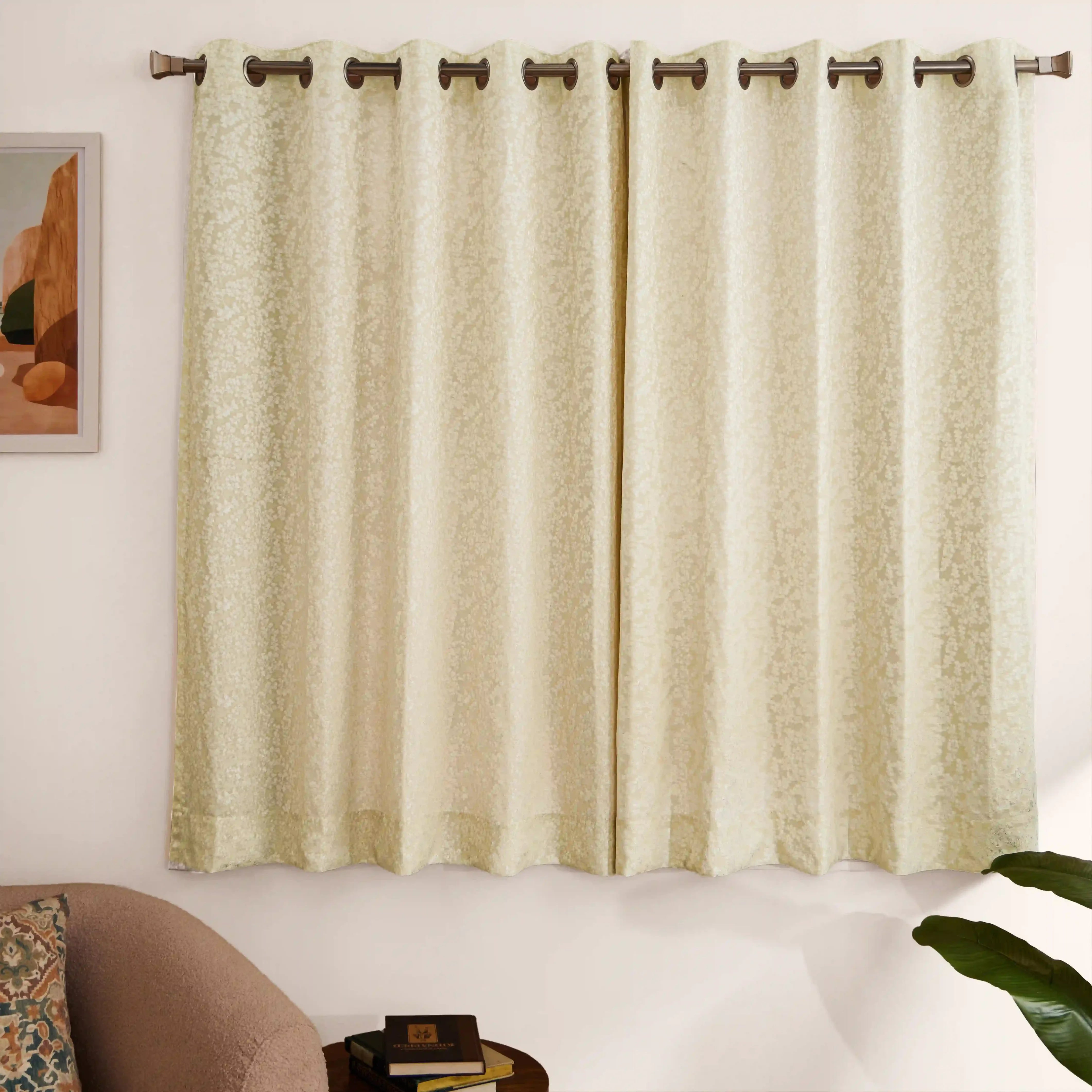 De Jacquard - Luxe Set Of 2 Jacquard Readymade Curtains | Monochrome Flora Ivory / Window (5ft X 4.4ft)