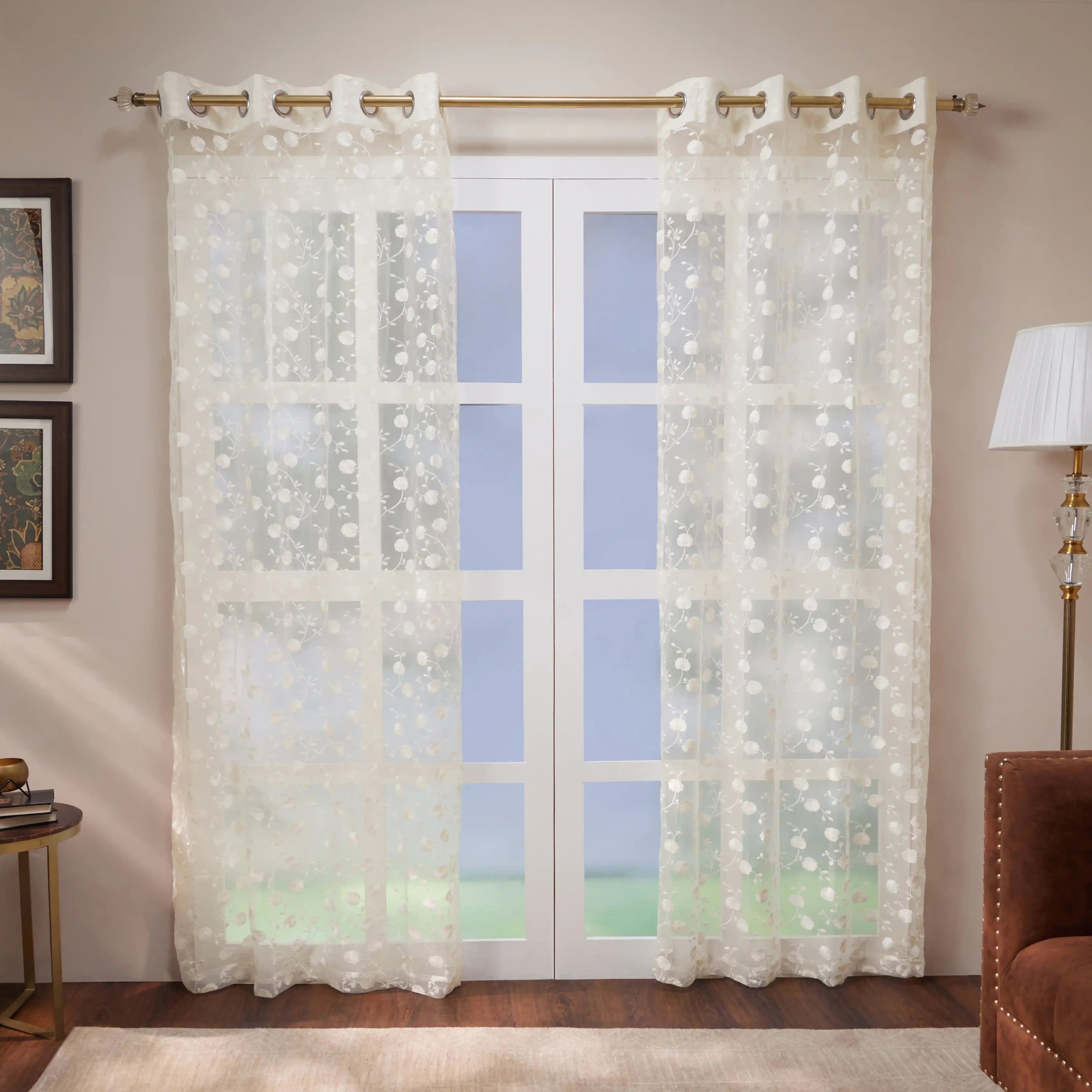 Velina Set Of 2 Embroidered Sheer Readymade Curtains | Vintage Chintz Arctic White / Door (3.60ft X 7.22ft)