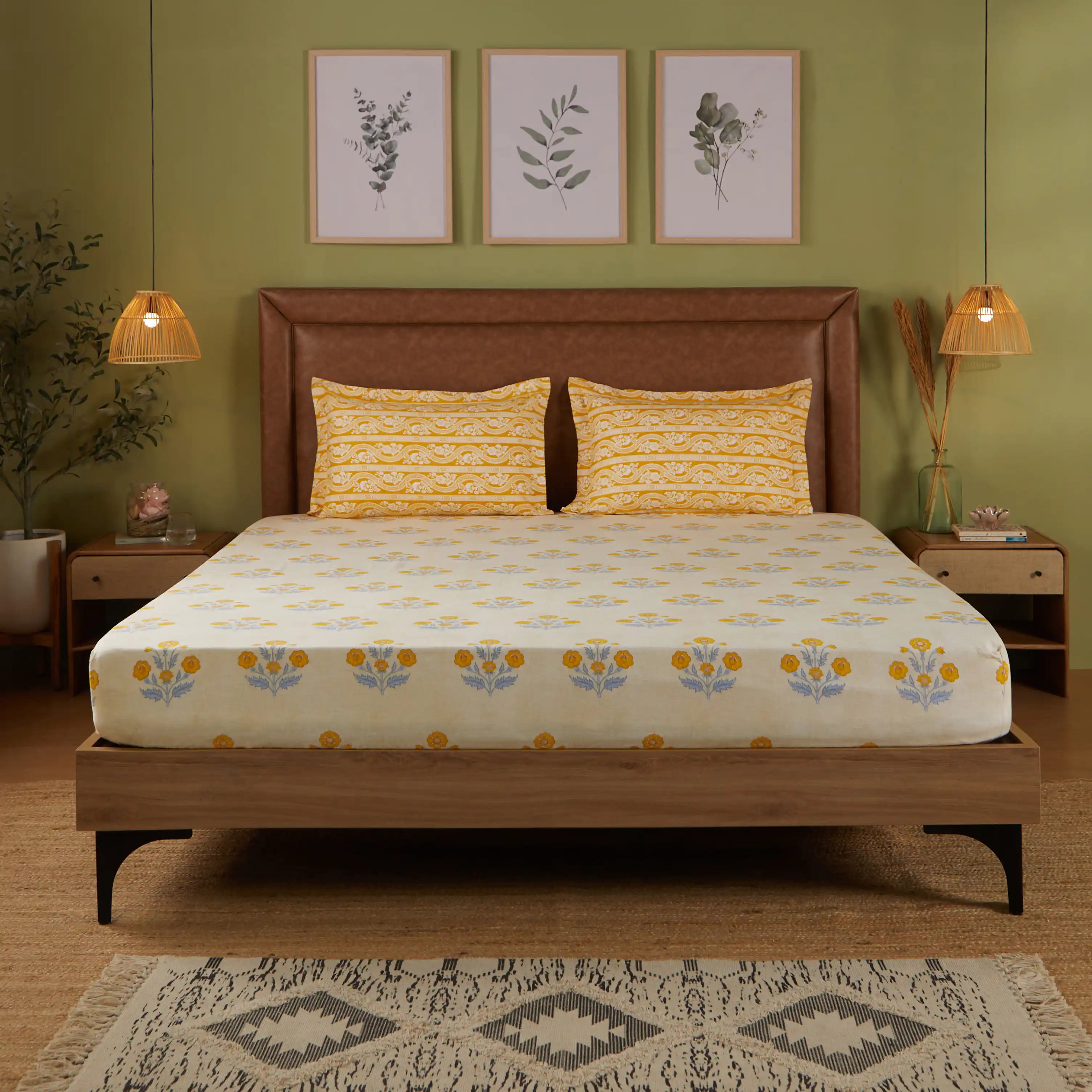 Chippa Lane | Contemporary Indian Print Design Cotton Fitted Sheet Set-Ochre Ochre / Queen