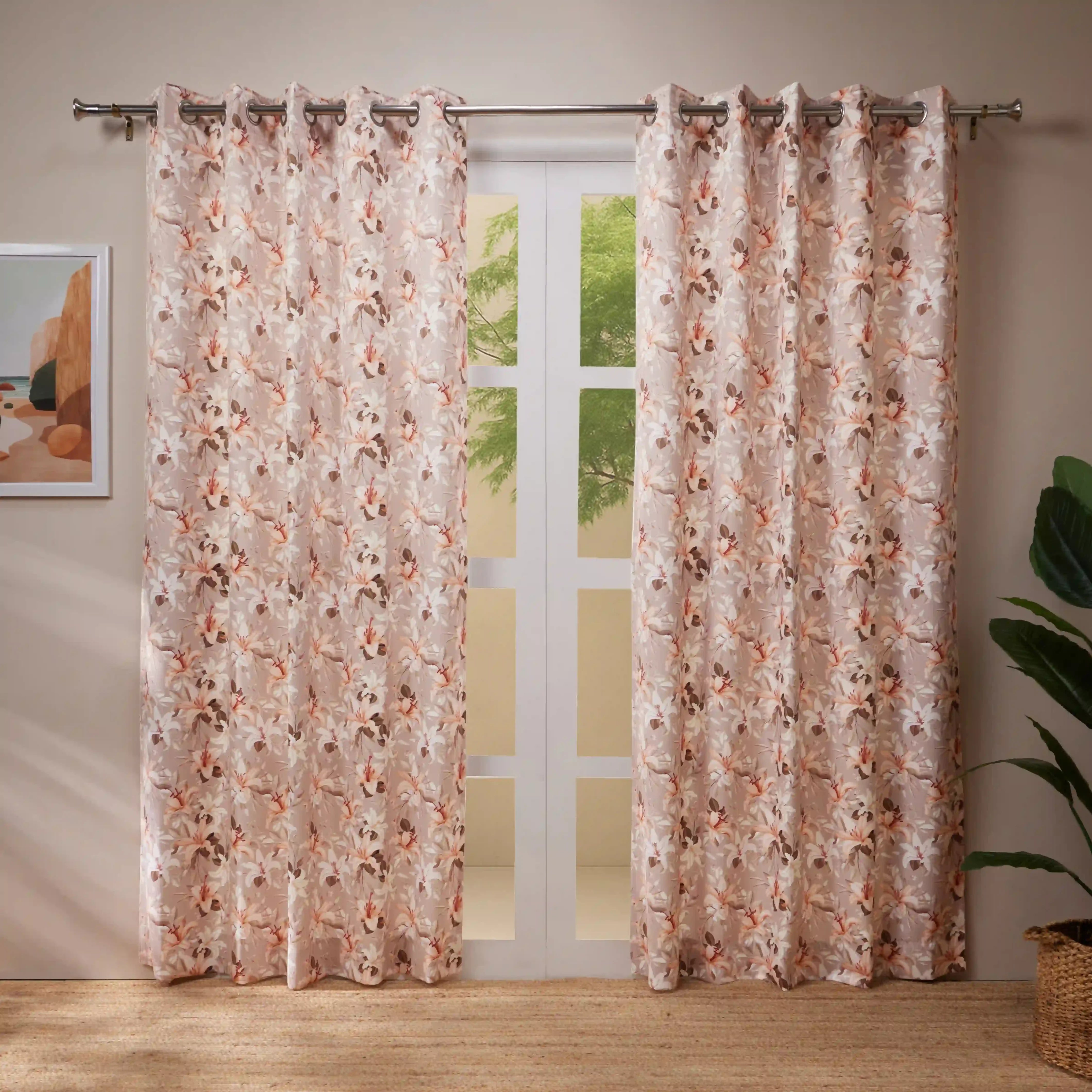 Bloomshire Classic Set Of 2 Printed Readymade Curtains | Tropical Whisper Coral / Door (7ft X 4.4ft)