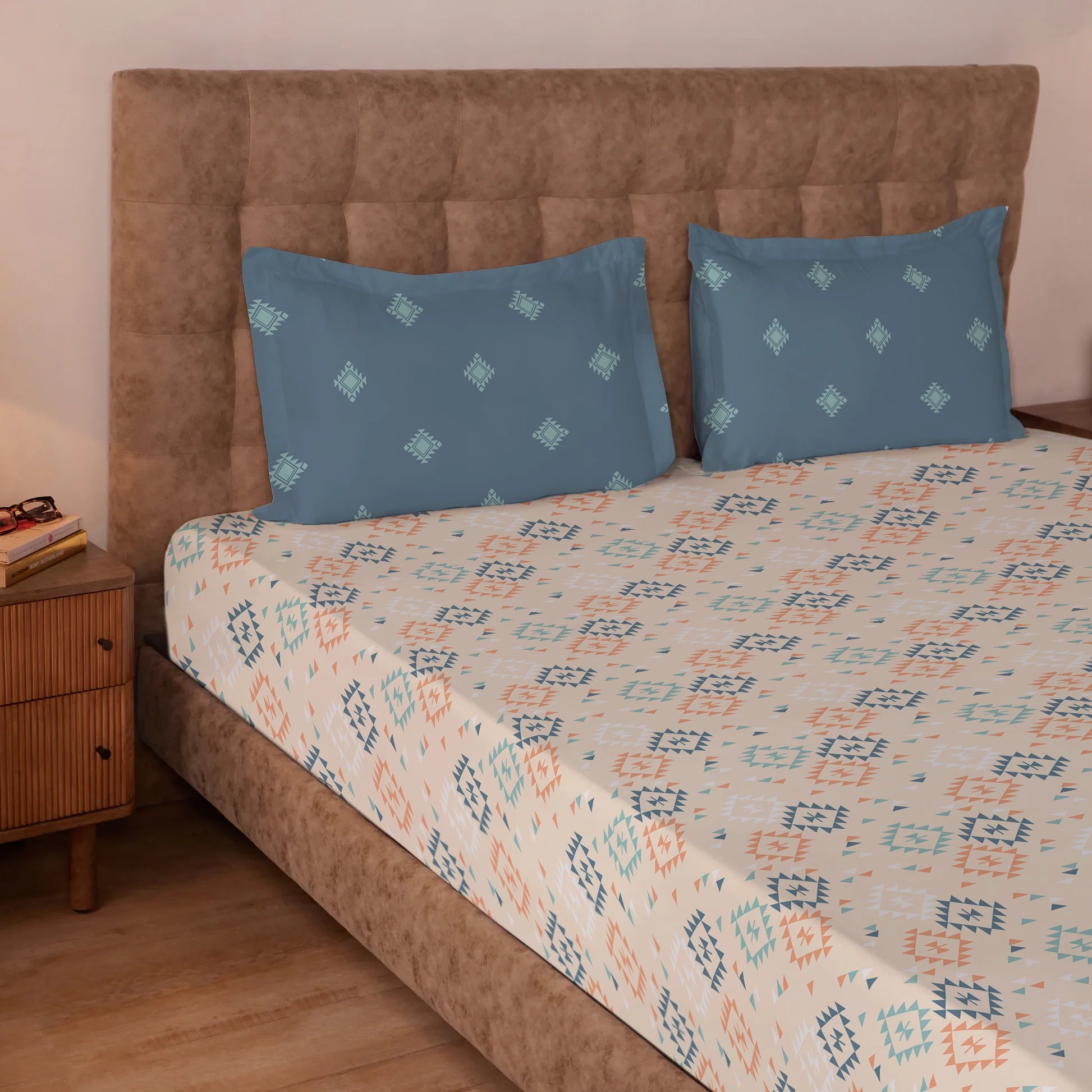 Aangan Weaves | Modern Geometric Printed Cotton Bedsheet Set - Rich Teal Rich Teal / Queen