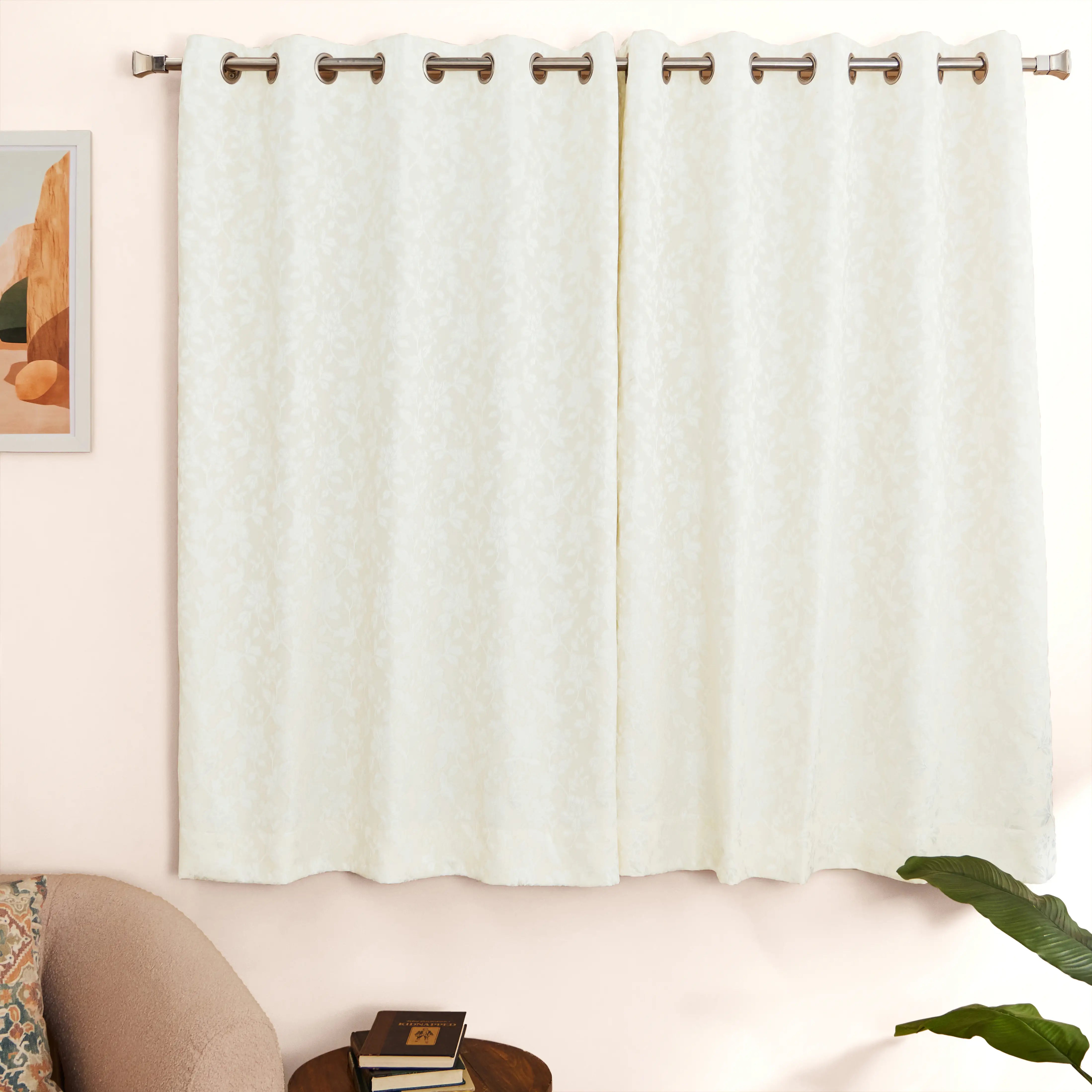De Jacquard - Luxe Set Of 2 Jacquard Readymade Curtains | Monochrome Flora Moonlit Sand / Window (5ft X 4.4ft)