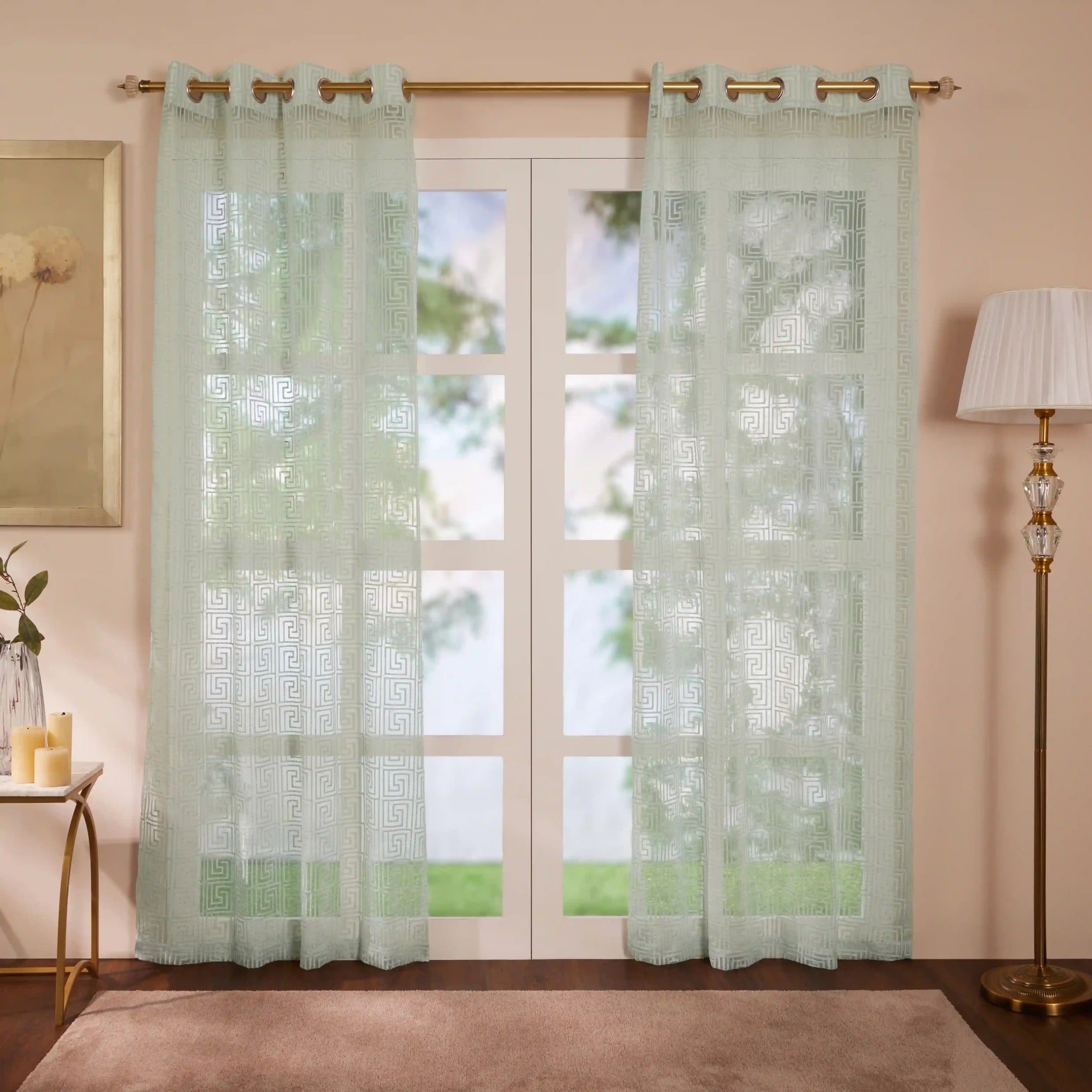Velina Set Of 2 Embroidered Sheer Readymade Curtains | Modern Maze Dusky Sky / Door (3.60ft X 7.22ft)