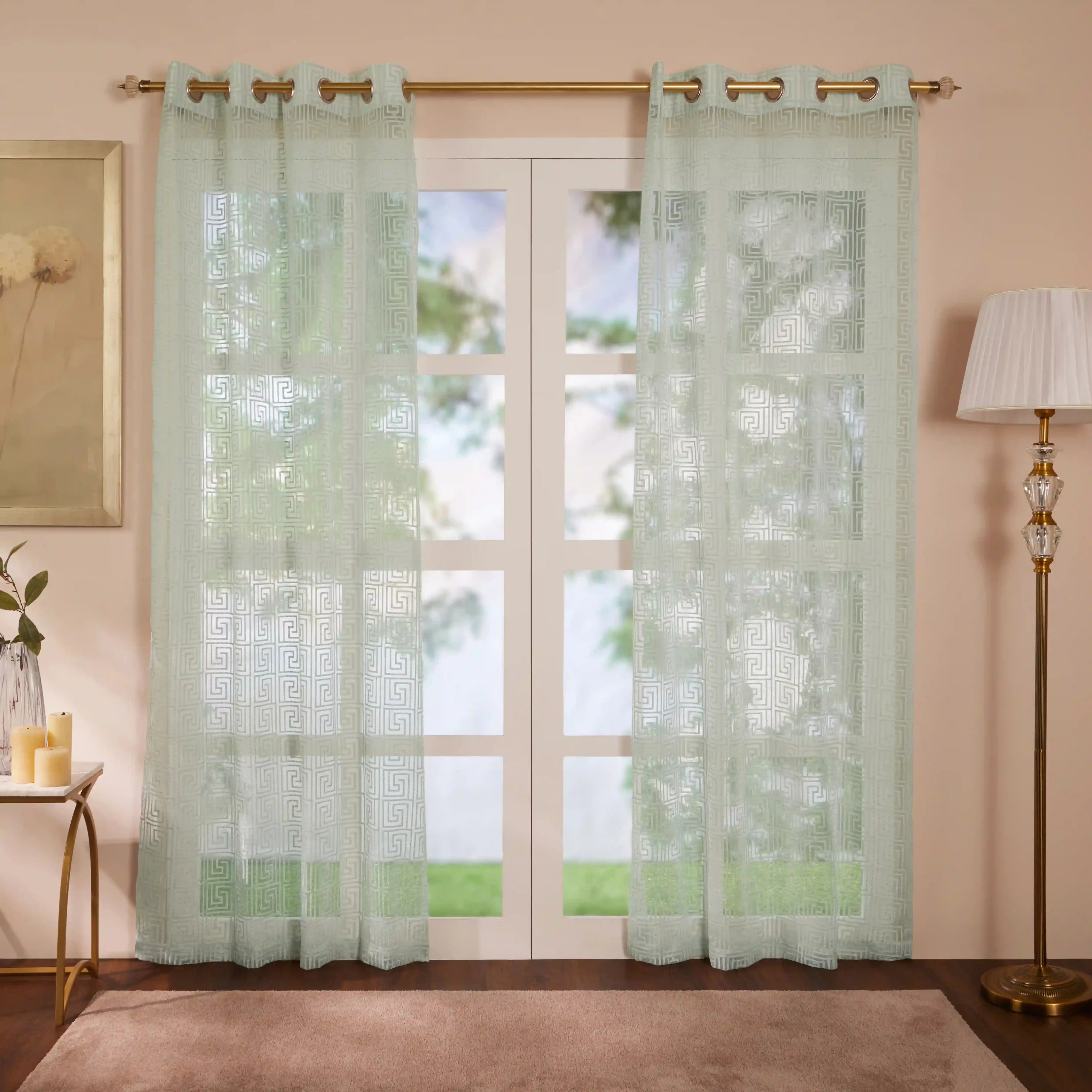 Velina Set Of 2 Embroidered Sheer Readymade Curtains | Modern Maze Dusky Sky / Door (3.60ft X 7.22ft)