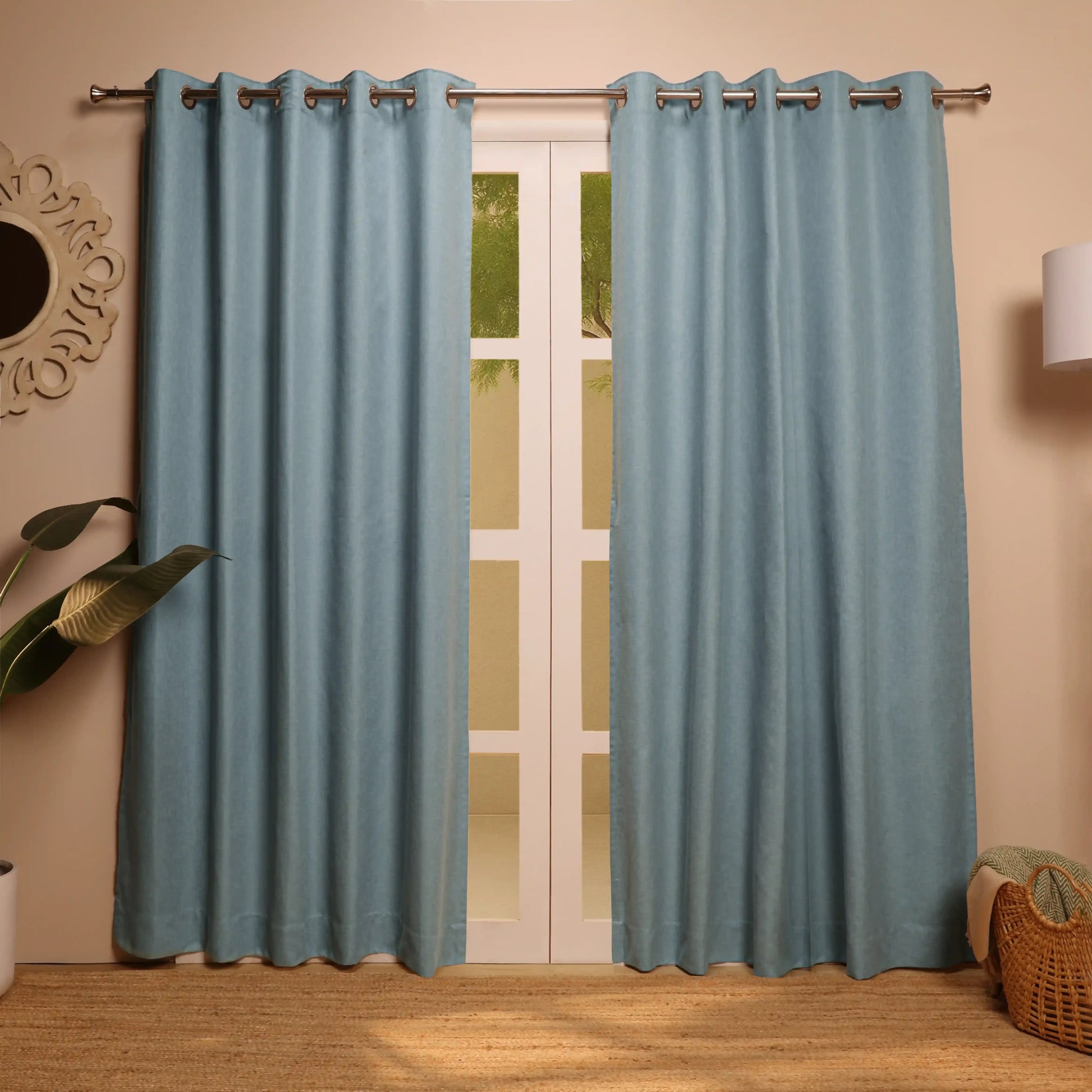 Paleto Set Of 2 Solid Readymade Curtains | Woven Calm Ocean Haze / Door (7ft X 4.4ft)