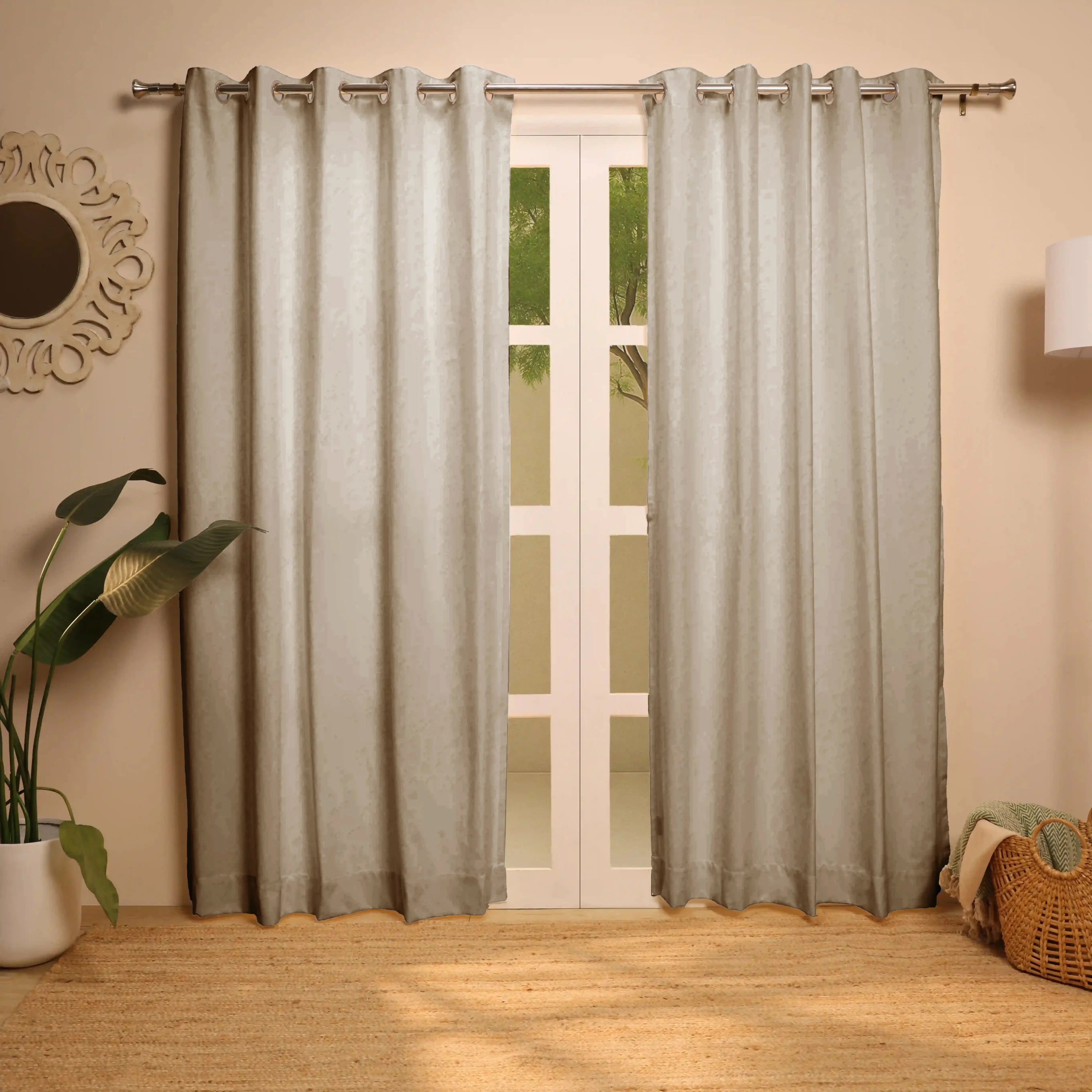 Paleto Set Of 2 Solid Readymade Curtains | Earthen Textures Hazel / Door (7ft X 4.4ft)
