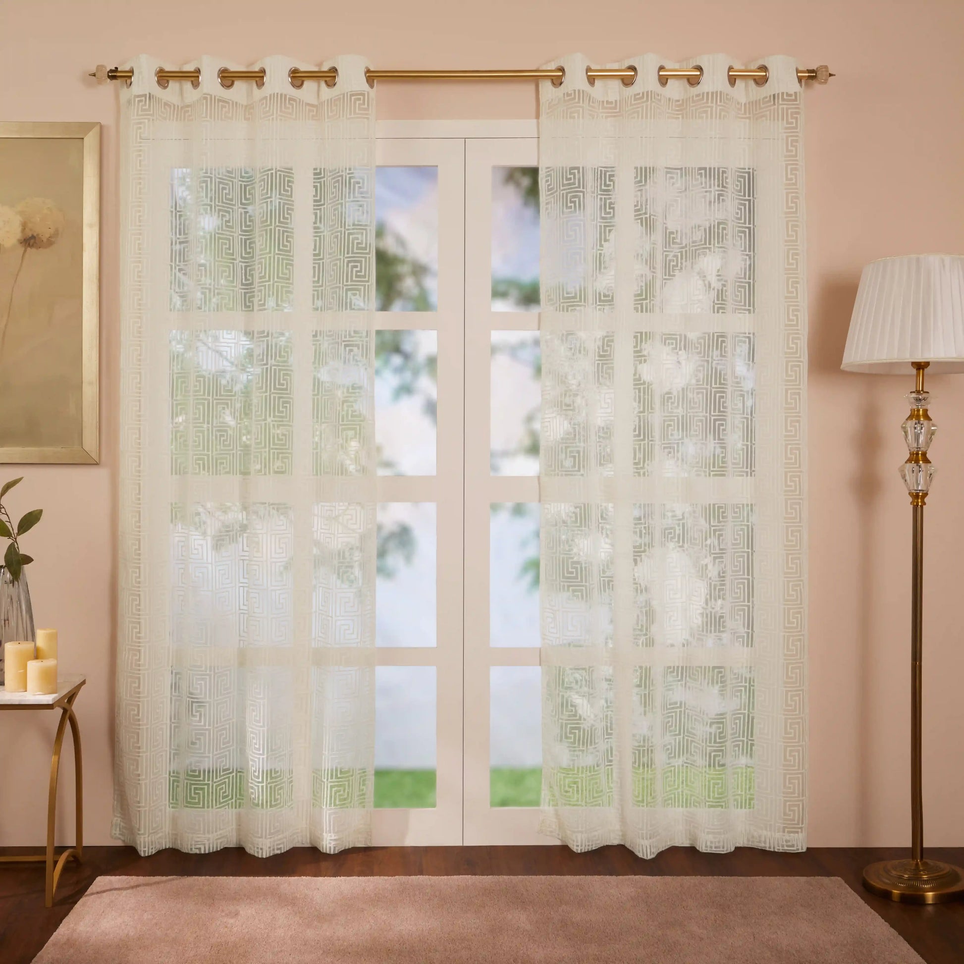 Velina Set Of 2 Embroidered Sheer Readymade Curtains | Modern Maze White / Door (3.60ft X 7.22ft)