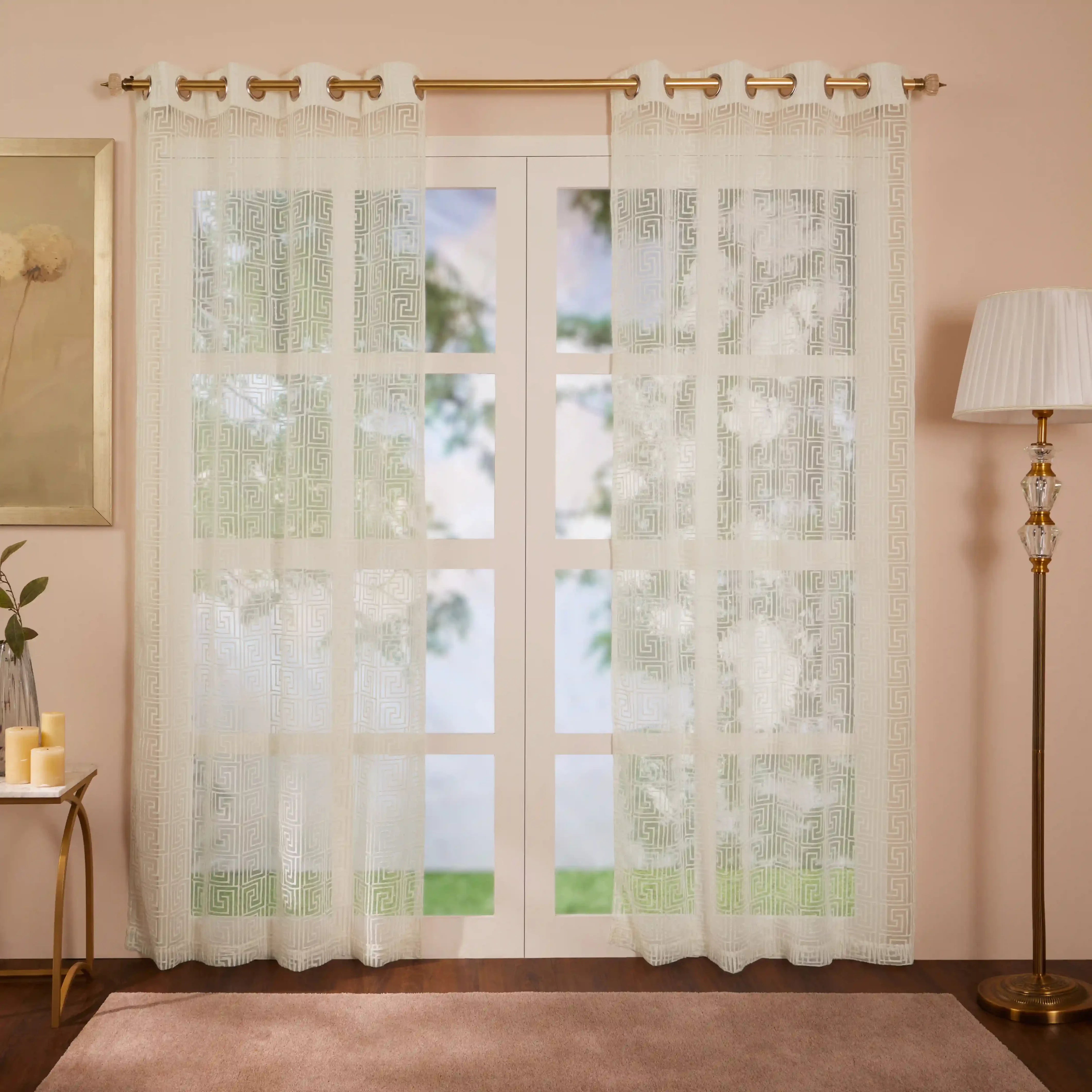 Velina Set Of 2 Embroidered Sheer Readymade Curtains | Modern Maze White / Door (3.60ft X 7.22ft)