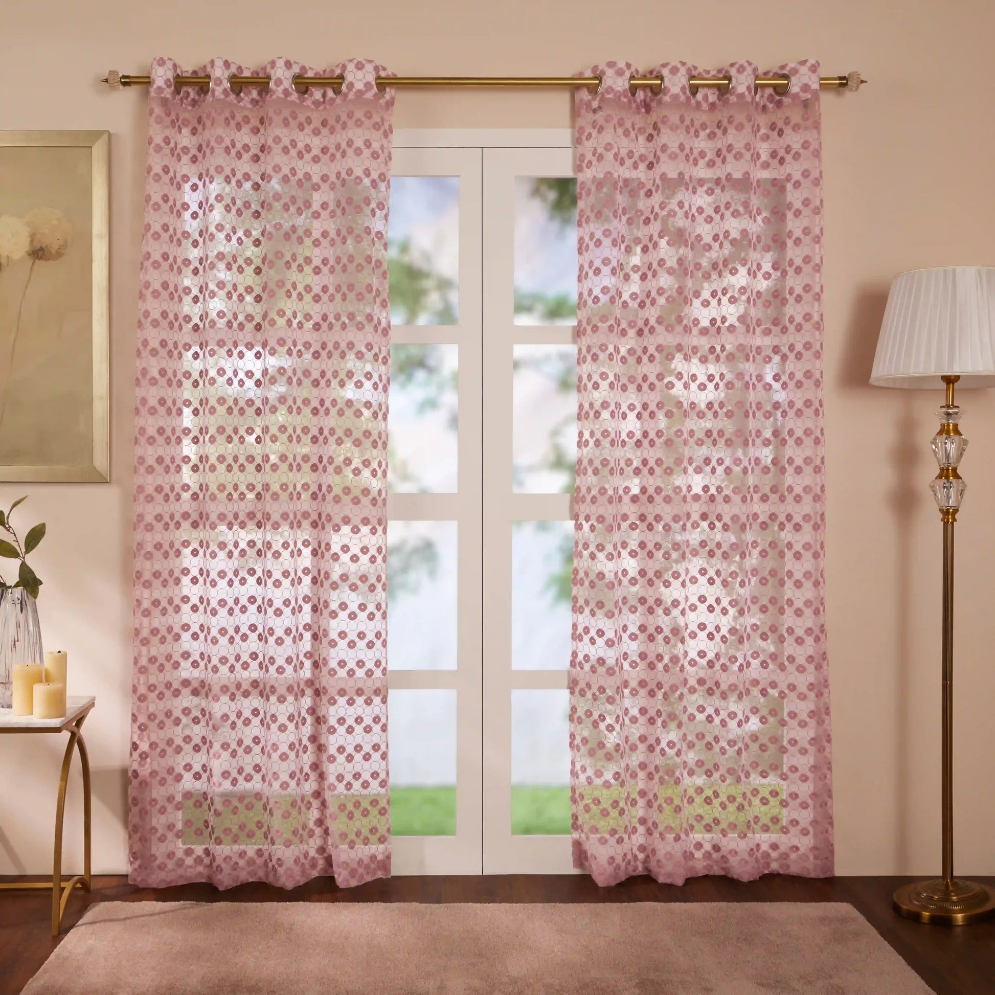 Velina Set Of 2 Embroidered Sheer Readymade Curtains | Beyond Circles Vintage Rose / Door (3.60ft X 7.22ft)