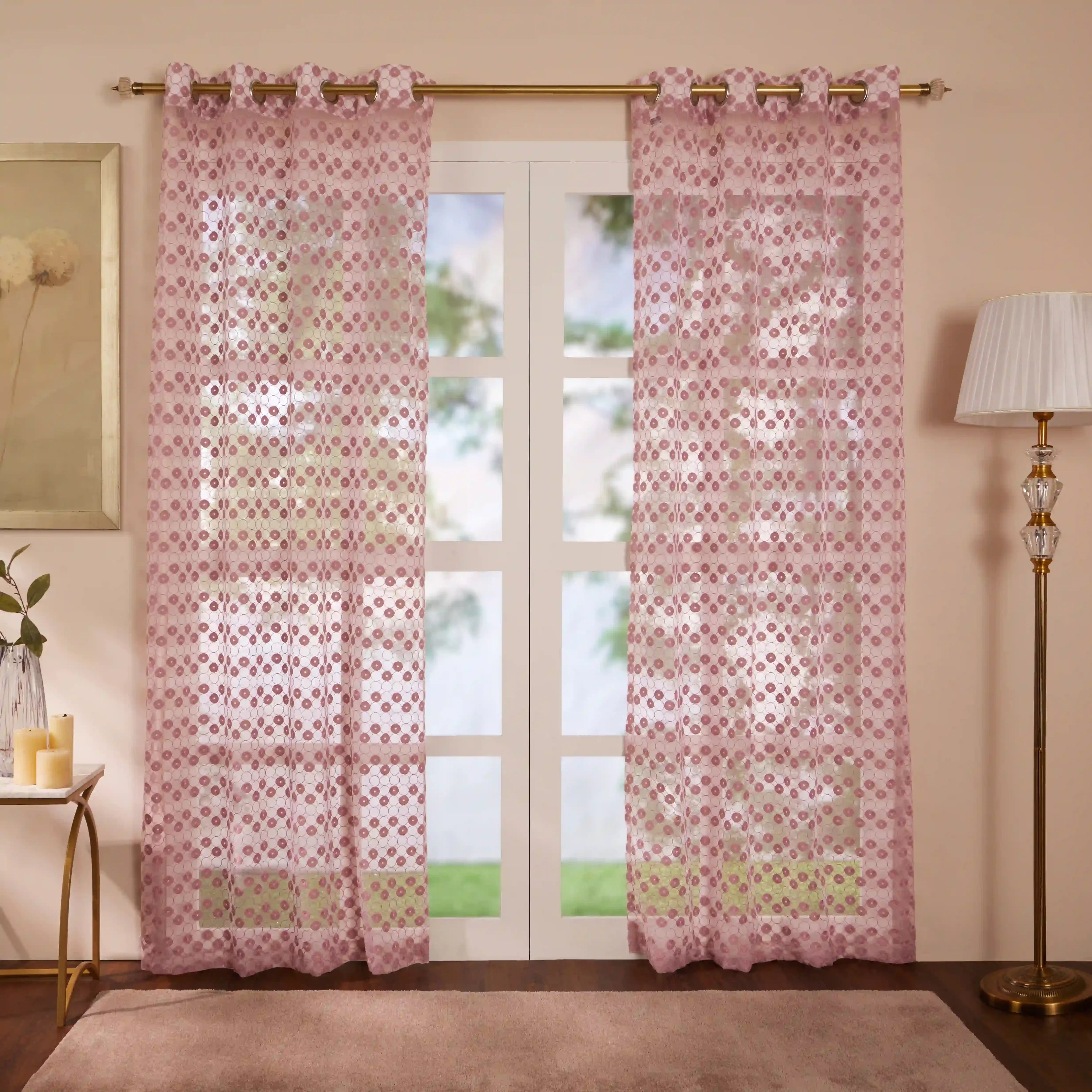 Velina Set Of 2 Embroidered Sheer Readymade Curtains | Beyond Circles Vintage Rose / Door (3.60ft X 7.22ft)
