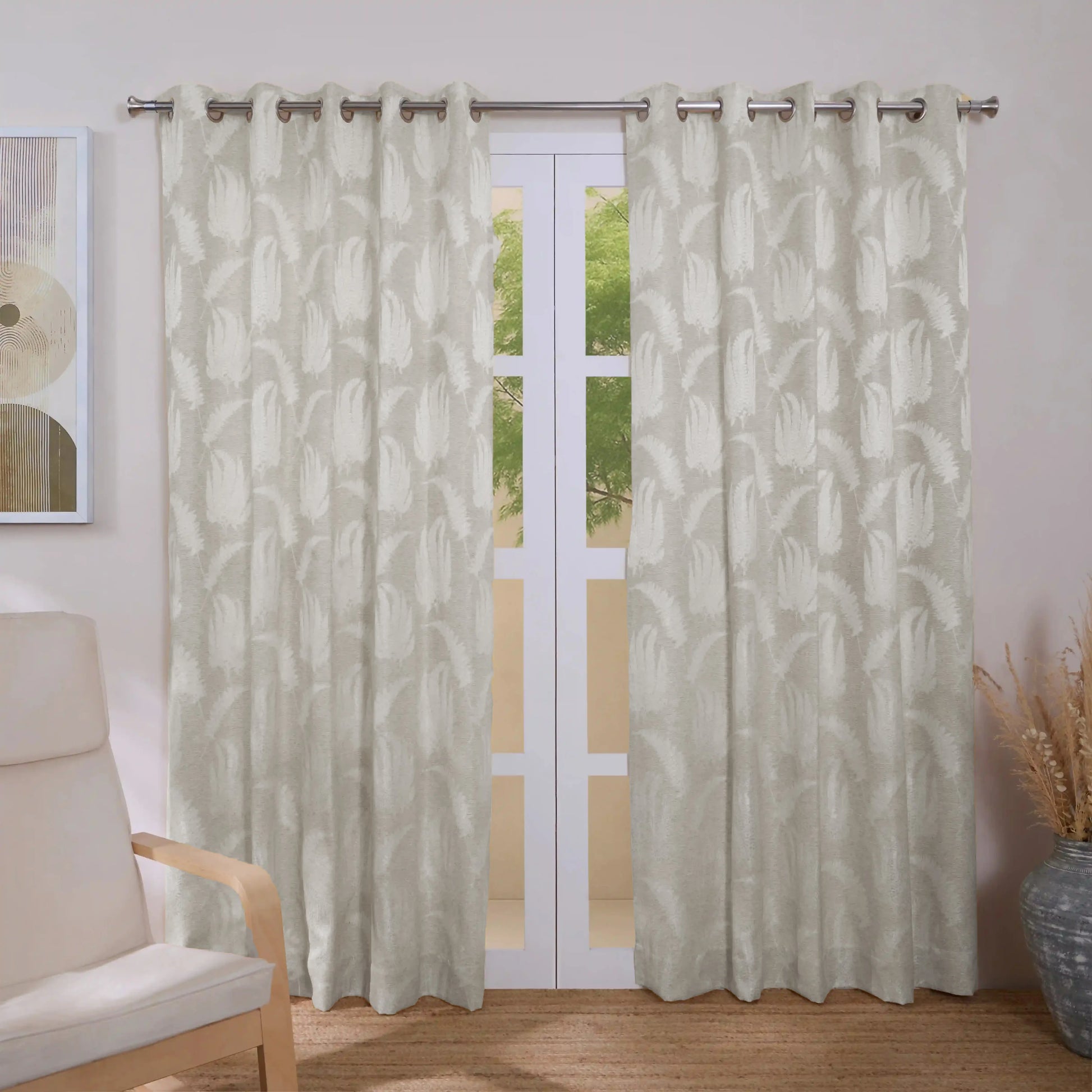De Jacquard - Classic Set Of 2 Jacquard Readymade Curtains | Tropical Whisper Soft Fawn / Door (7ft X 4.4ft)