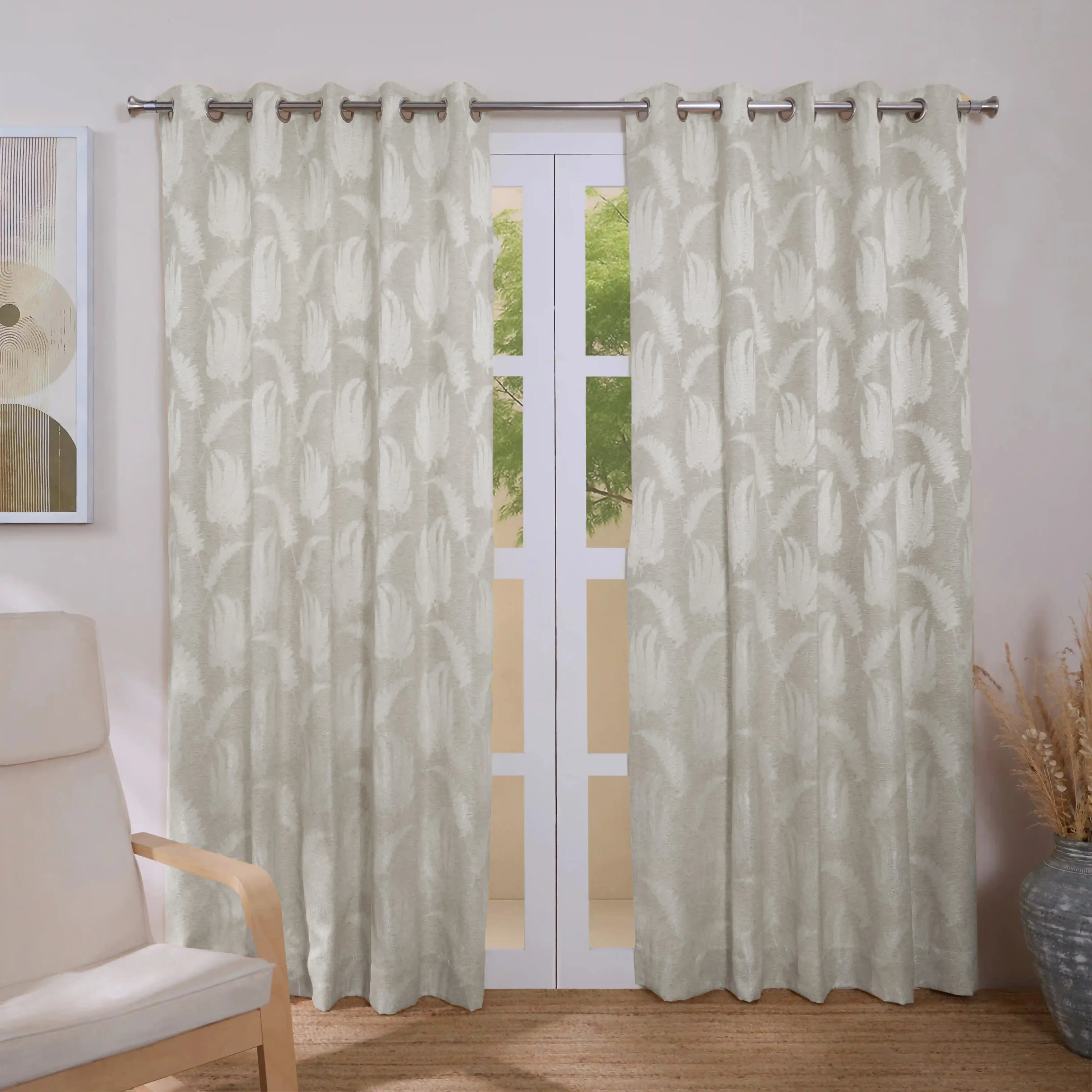 De Jacquard - Classic Set Of 2 Jacquard Readymade Curtains | Tropical Whisper Soft Fawn / Door (7ft X 4.4ft)