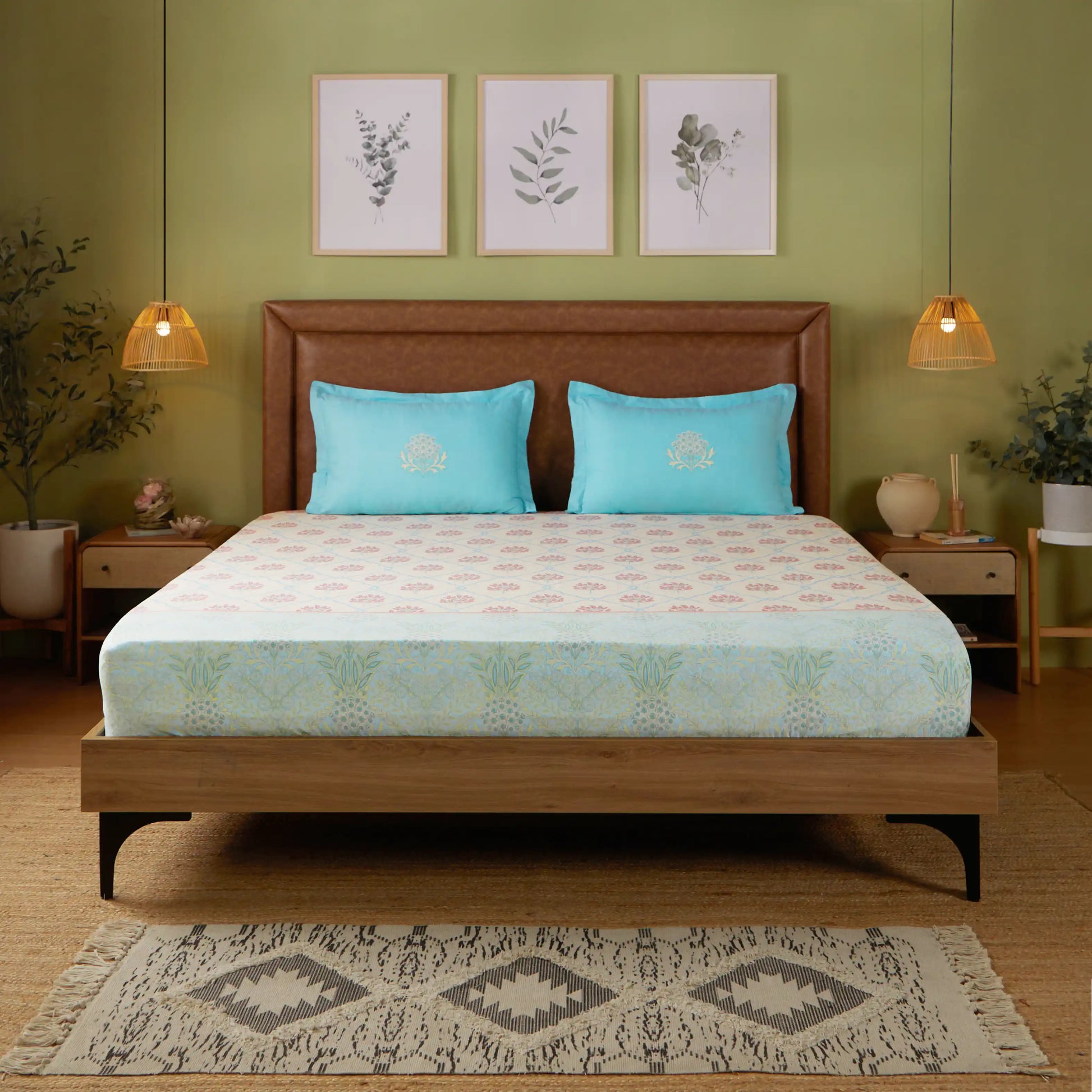 Chippa Lane | Contemporary Indian Print Design Cotton Fitted Sheet Set-Sage Bloom Sage Bloom / Queen