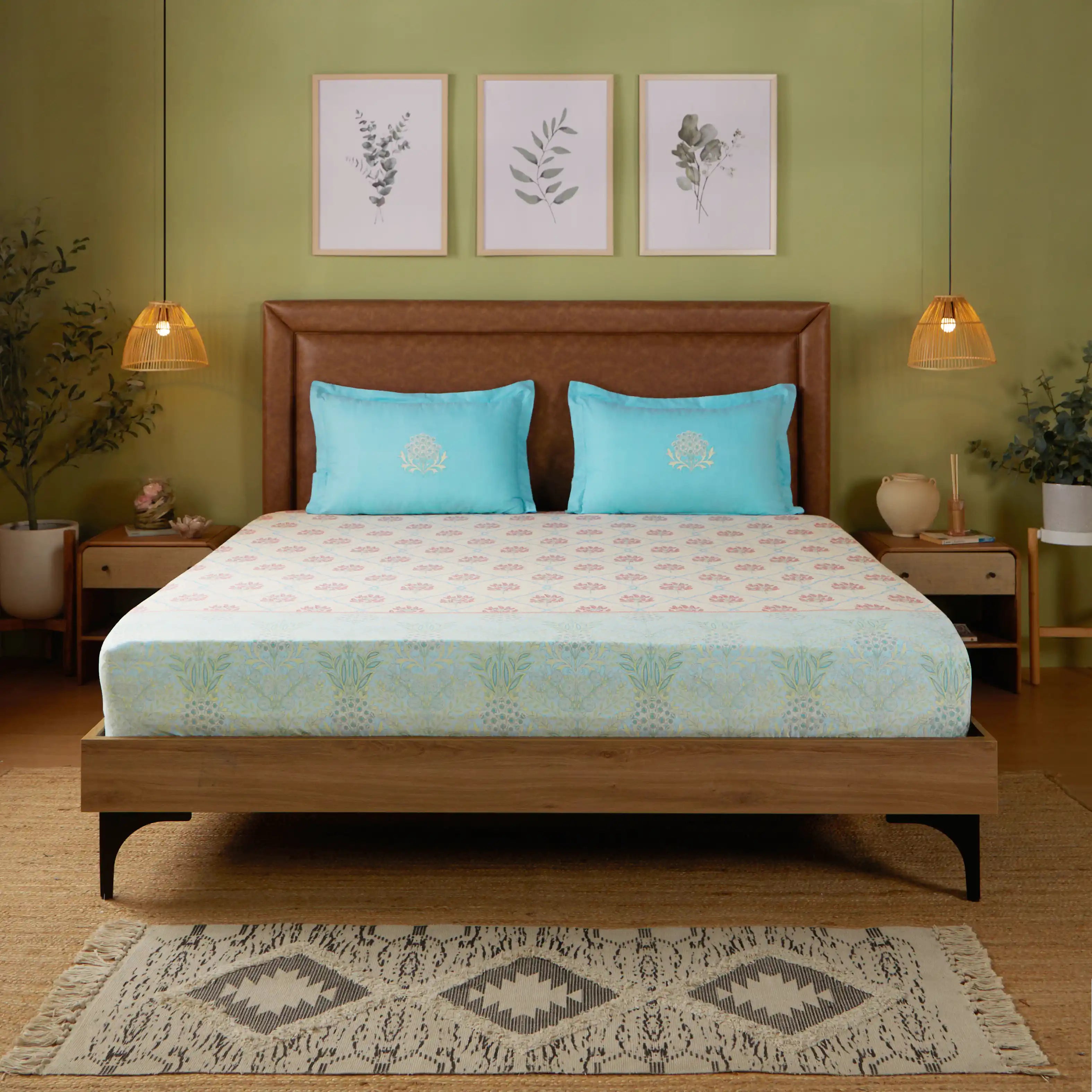 Chippa Lane | Contemporary Indian Print Design Cotton Fitted Sheet Set-Sage Bloom Sage Bloom / Queen