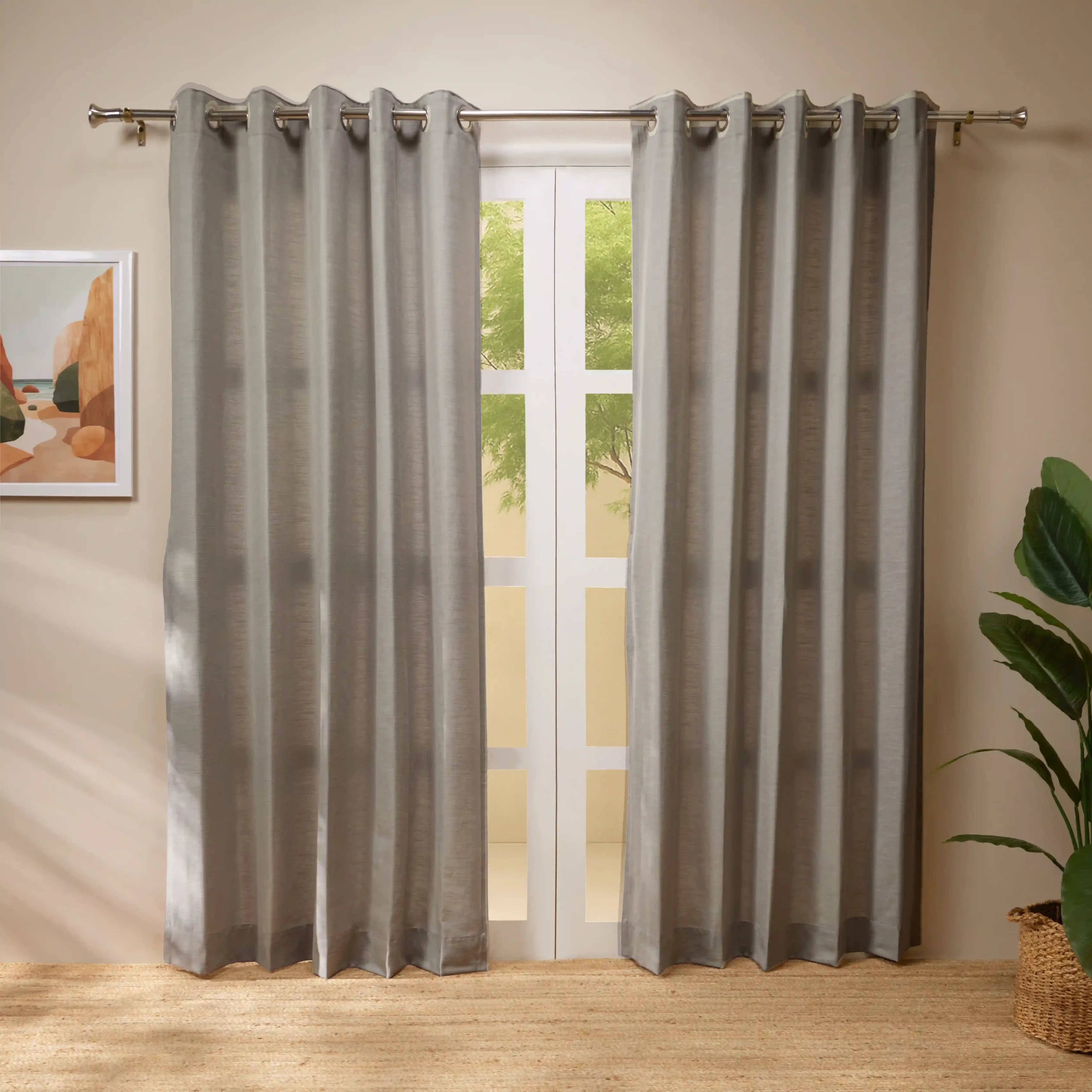 Paleto Set Of 2 Solid Readymade Curtains | Earthen Textures Soft Stone / Door (7ft X 4.4ft)