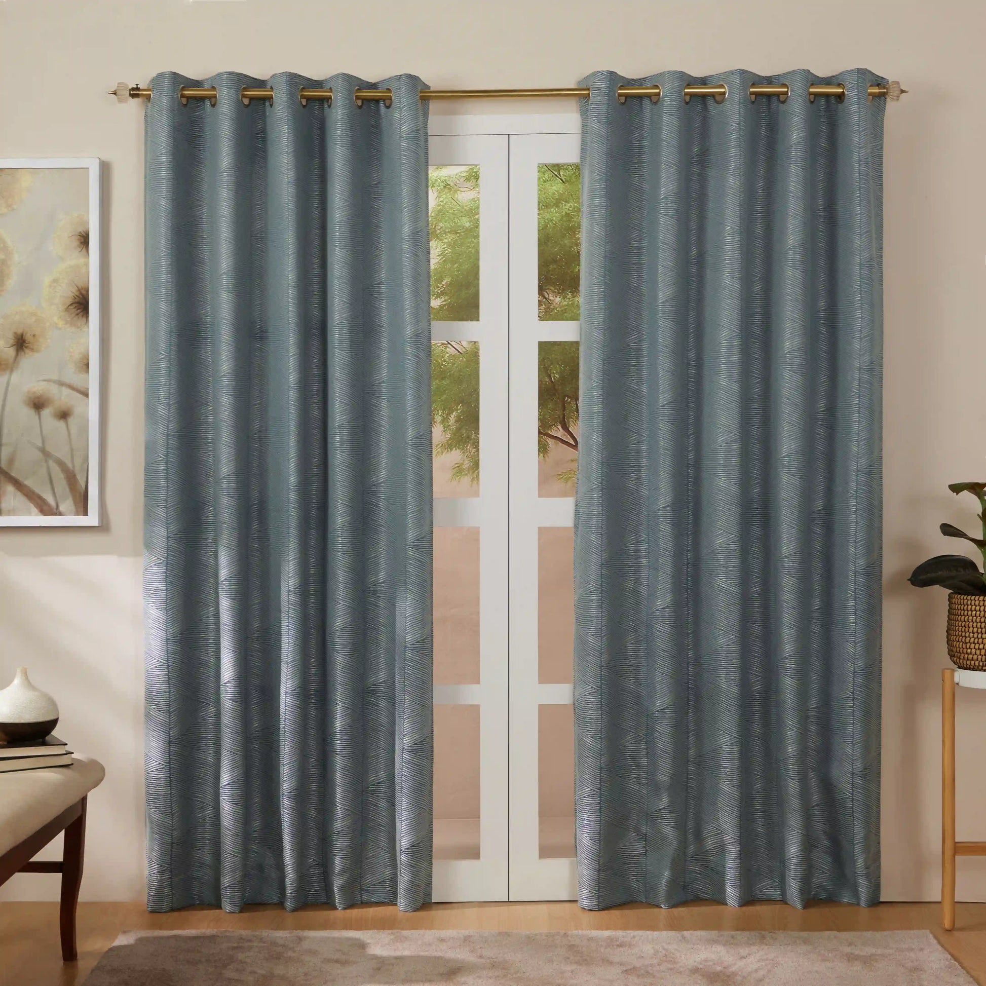 De Jacquard - Luxe Set Of 2 Jacquard Readymade Curtains | Eternal Imprint Teal / Door-XL (9ft X 4.4ft)
