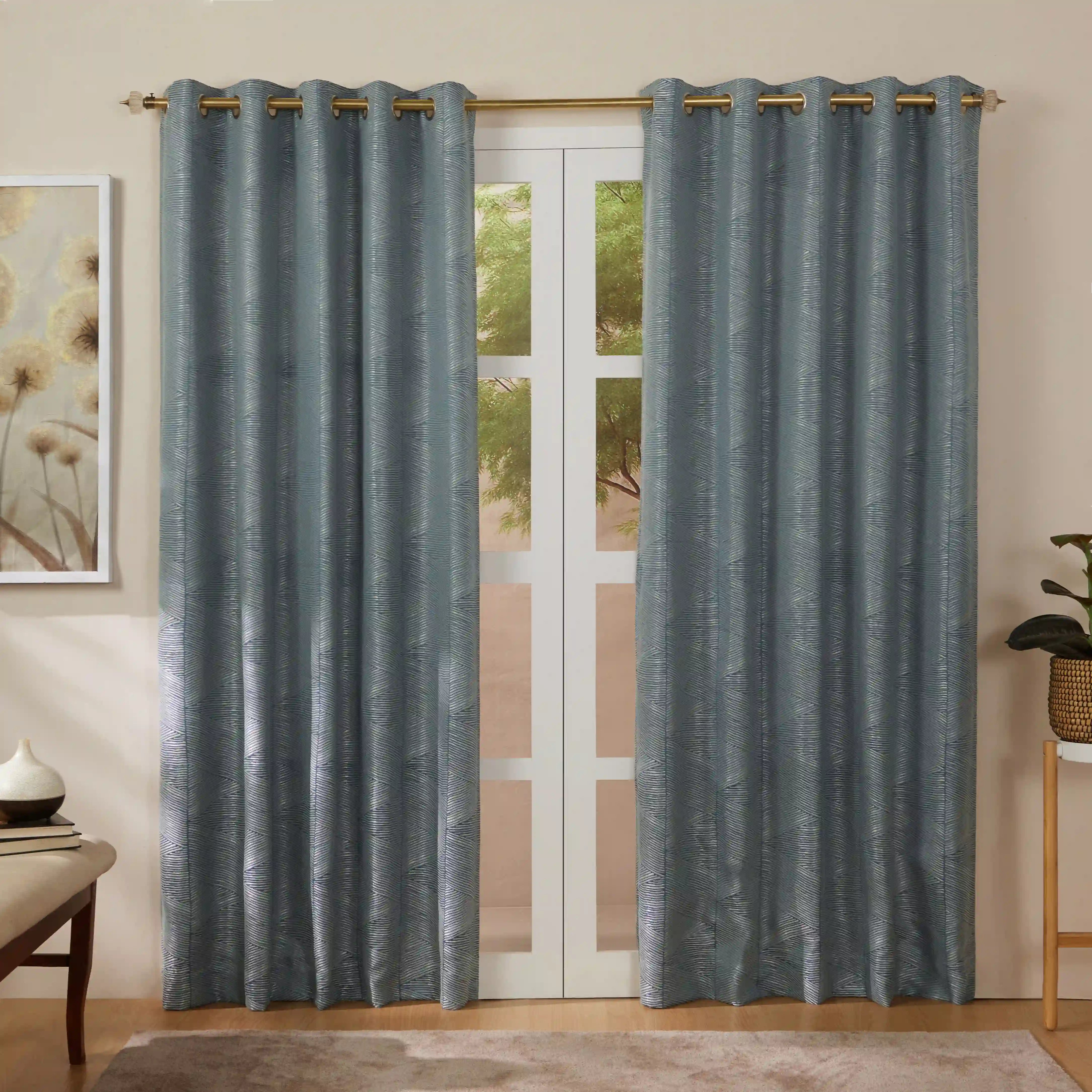 De Jacquard - Luxe Set Of 2 Jacquard Readymade Curtains | Eternal Imprint Teal / Door-XL (9ft X 4.4ft)