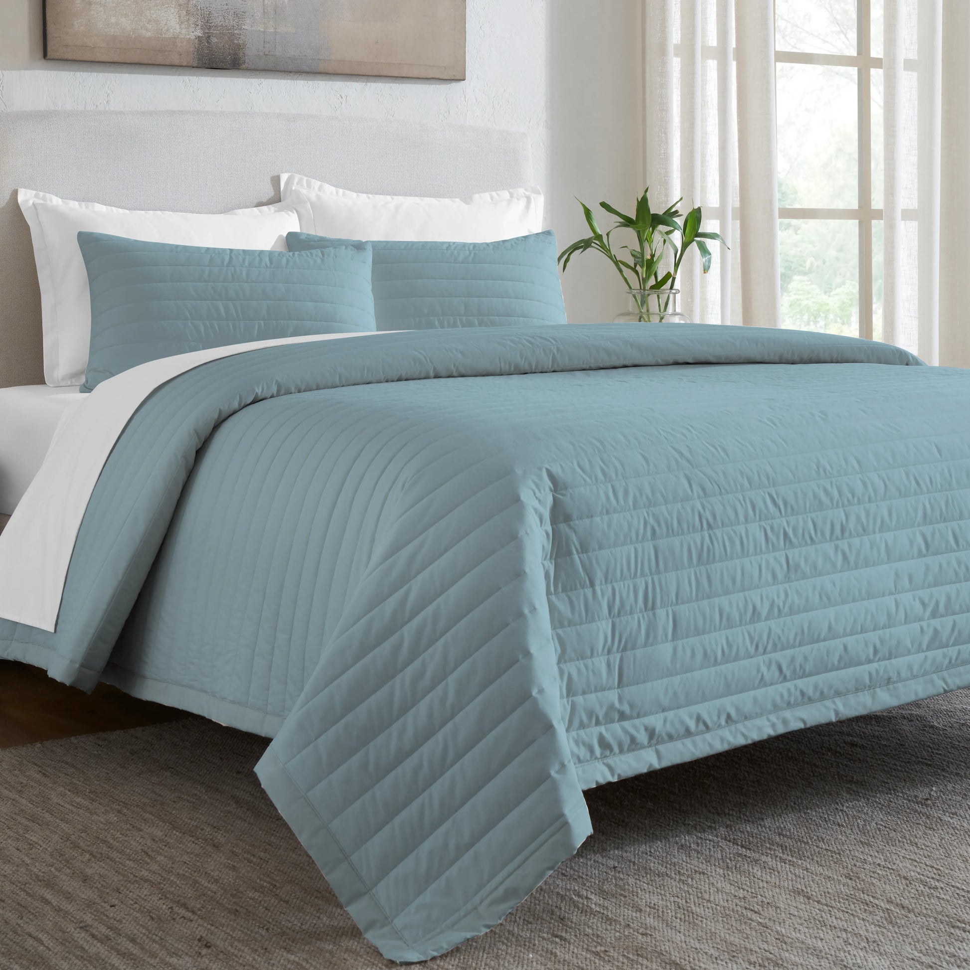 Nuvola | Luxurious Solid Dyed Straight Quilted Cotton Bedcover Set French Blue