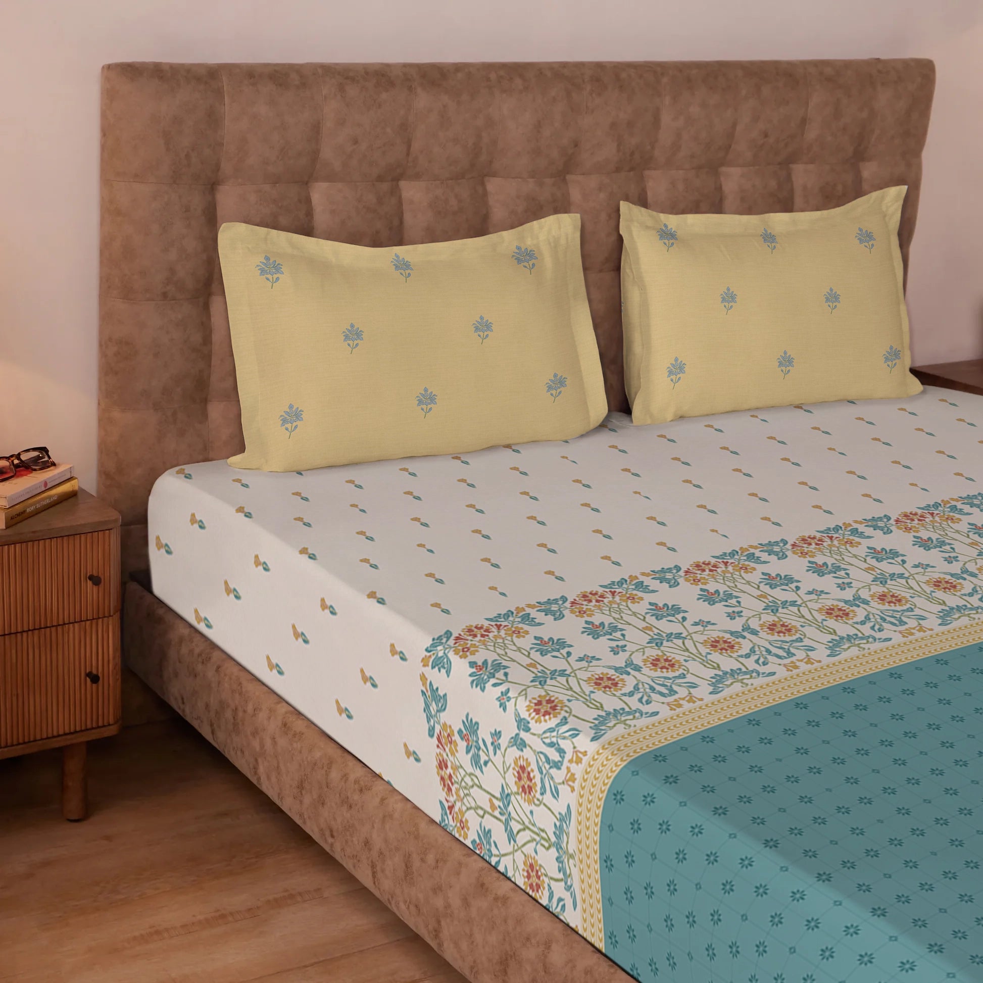 Udyan Tales | Vibrant Ethnic Printed Cotton Bedsheet Set - Midnight Teal Midnight Teal / King