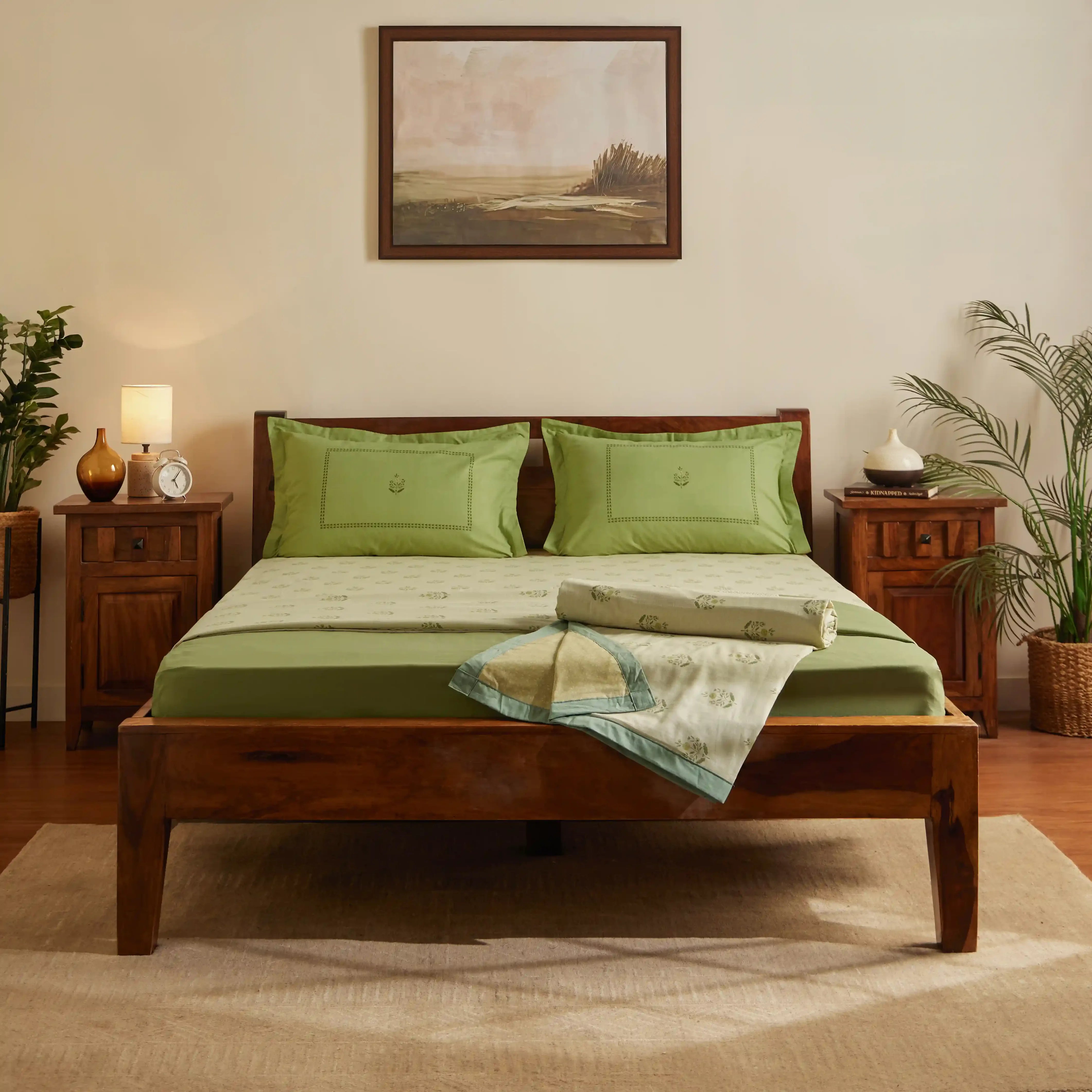 Chippa Lane | Contemporary Indian Print Design Coordinated Bedding Set | Set of Bedsheet & Dohars-Indian Moss Indian Moss / Double
