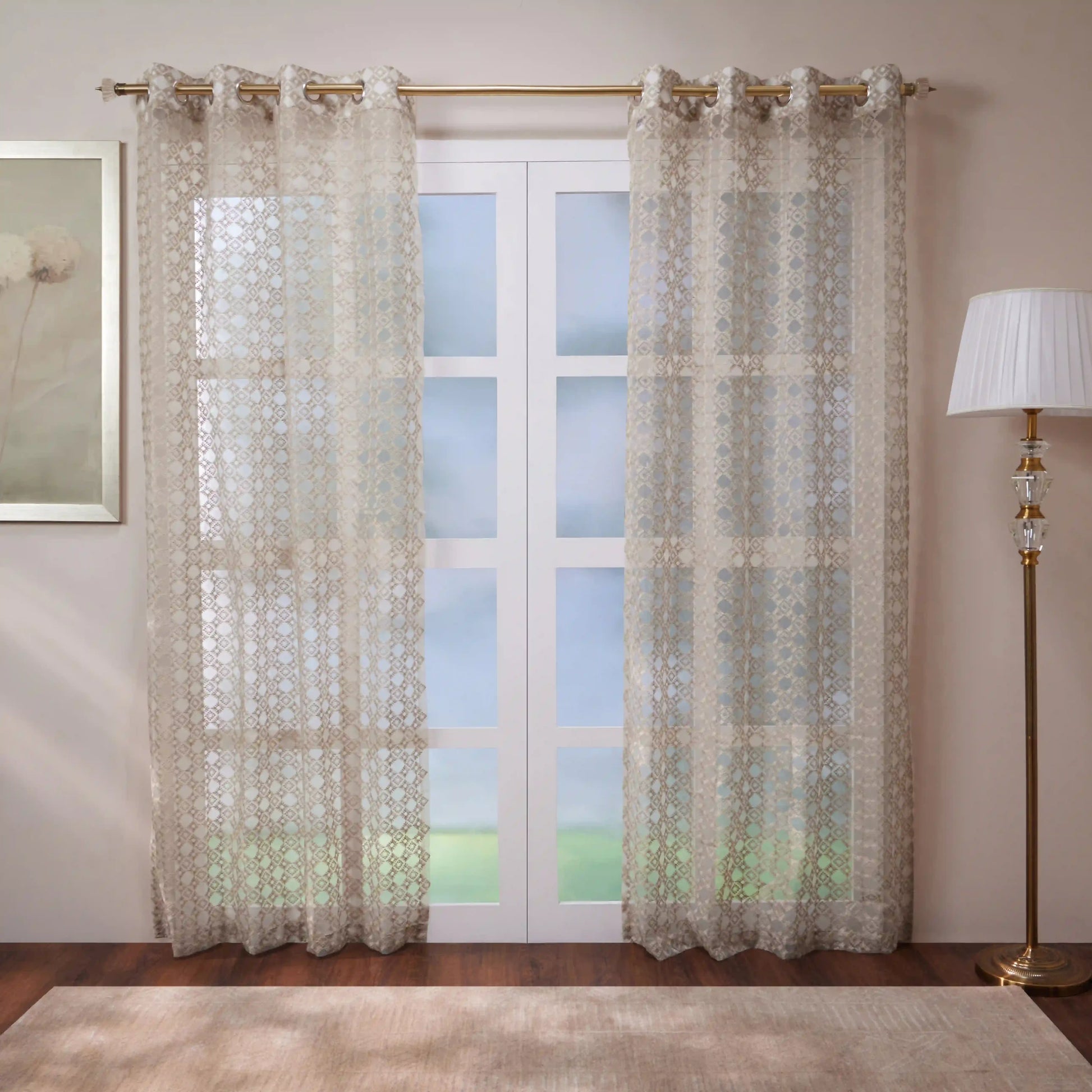 Velina Set Of 2 Embroidered Sheer Readymade Curtains | Modern Heritage Taupe Truffle / Door (3.60ft X 7.22ft)