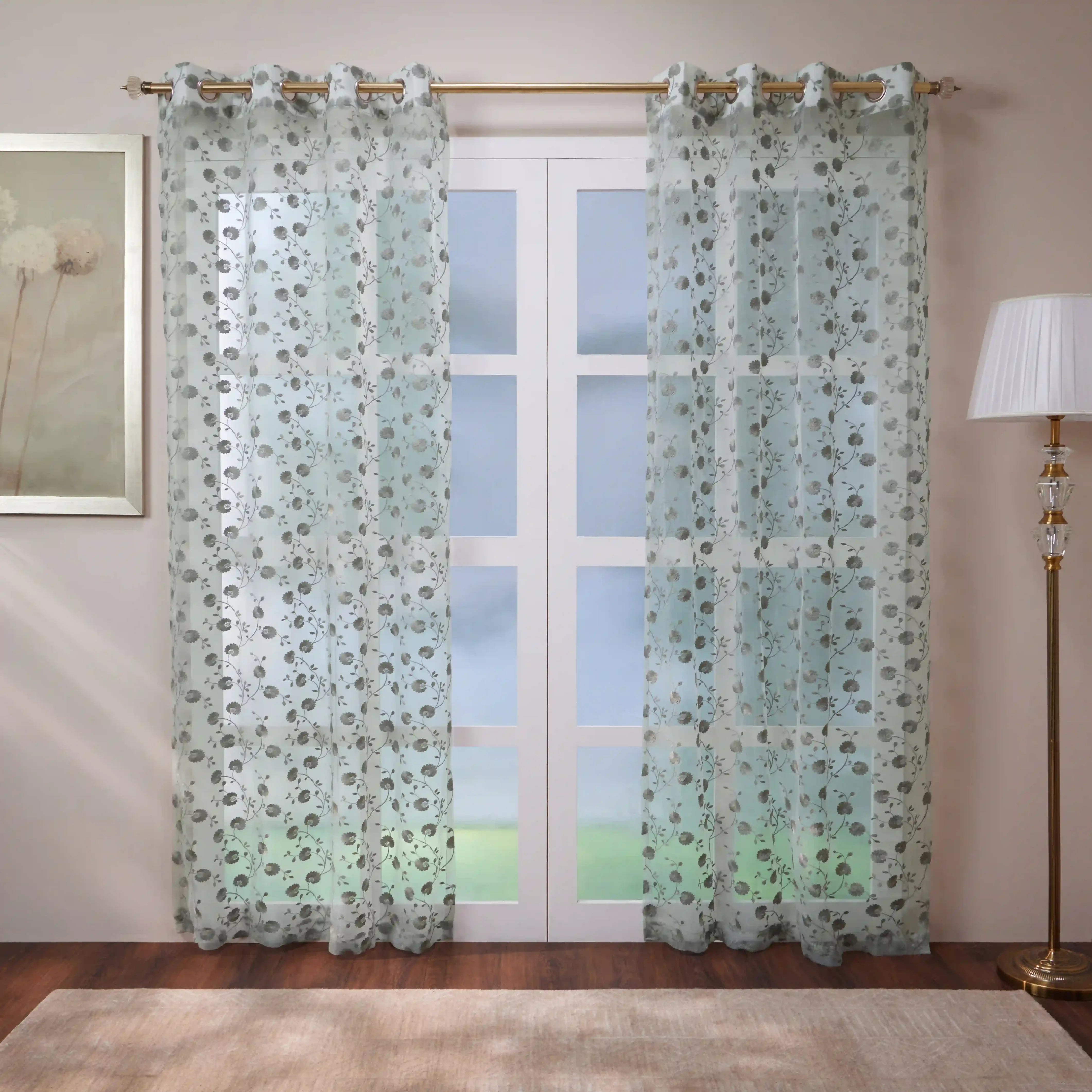 Velina Set Of 2 Embroidered Sheer Readymade Curtains | Vintage Chintz Slate Cement / Door (3.60ft X 7.22ft)