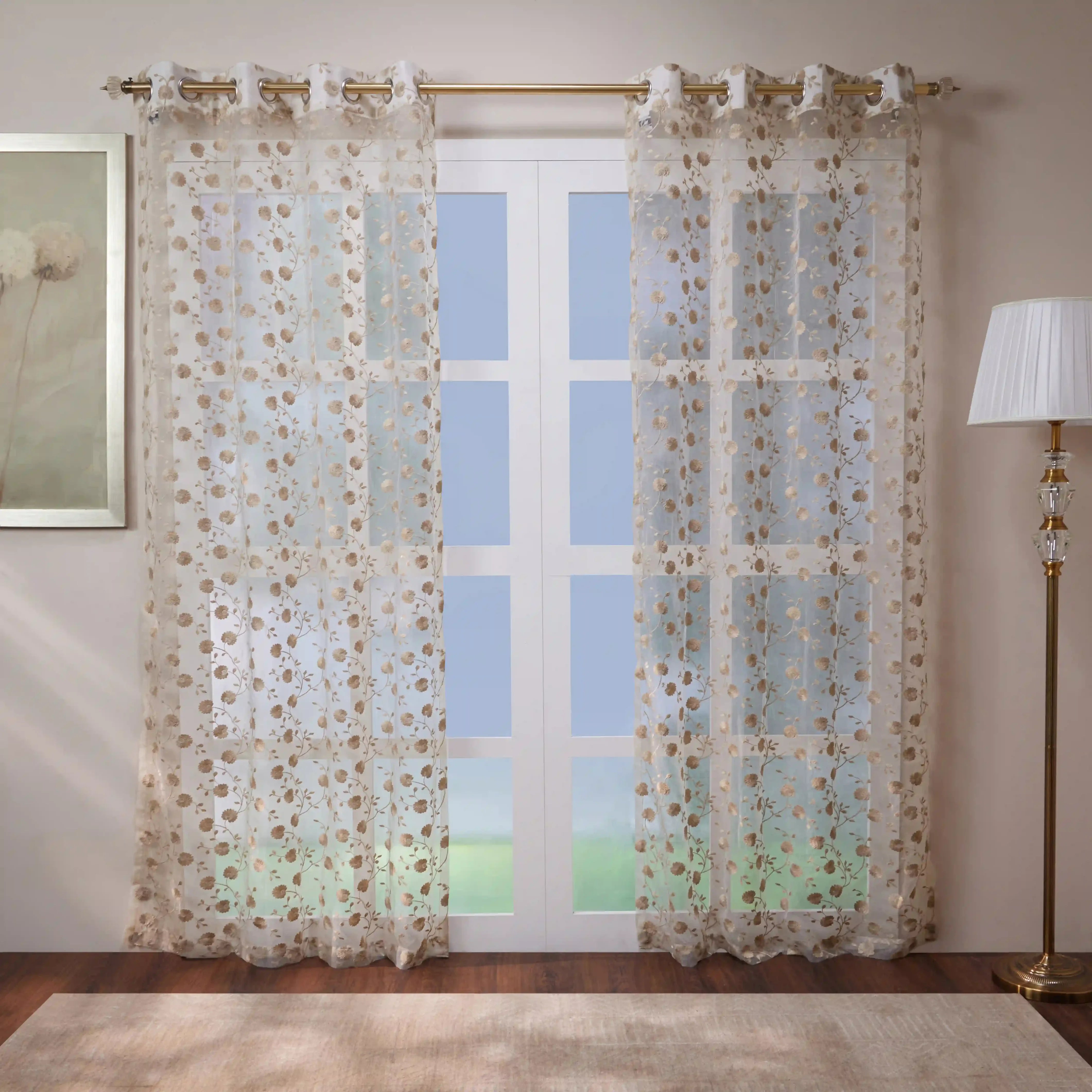 Velina Set Of 2 Embroidered Sheer Readymade Curtains | Vintage Chintz Desert Sand / Door (3.60ft X 7.22ft)