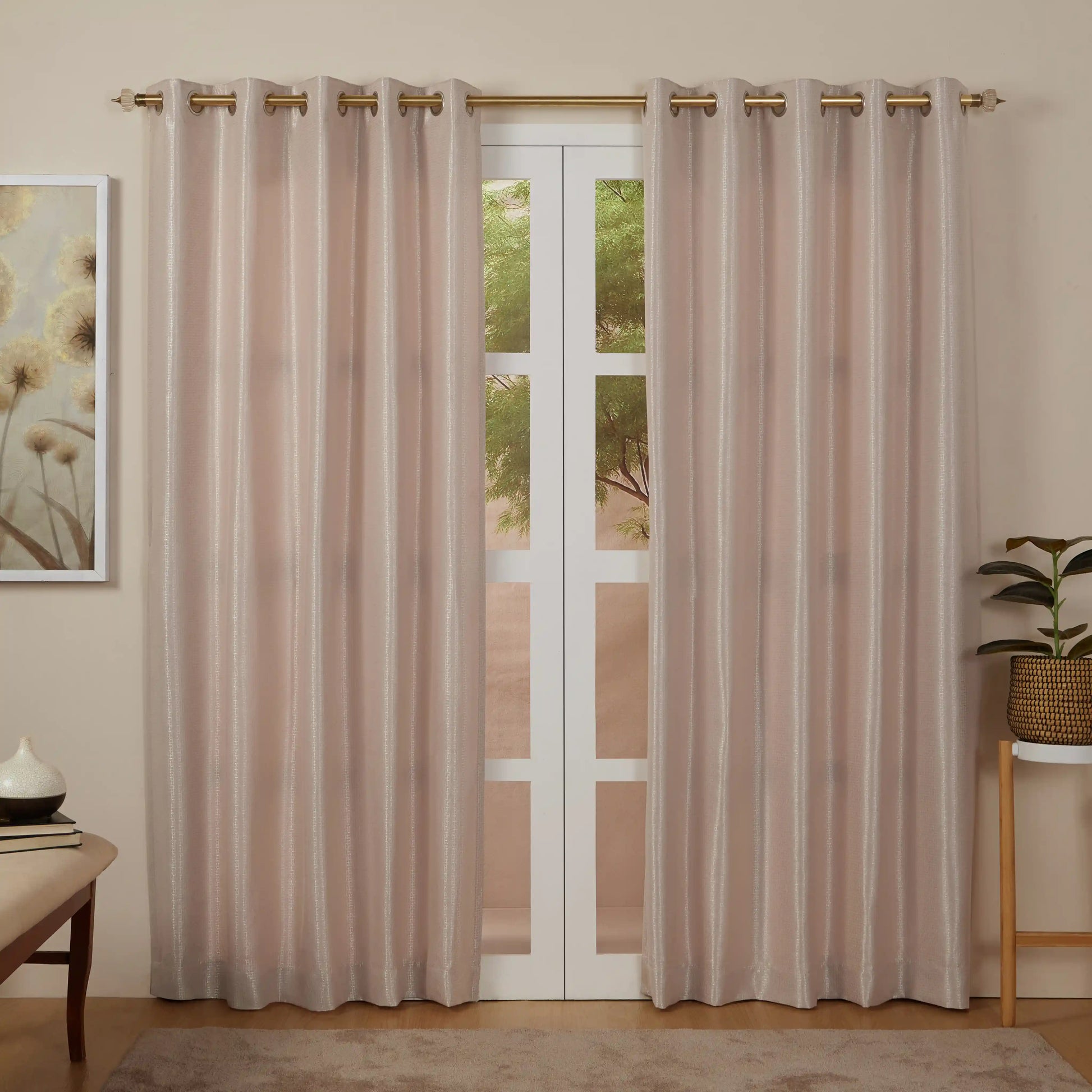 Pelushe Set Of 2 Solid Readymade Curtains | Checkered Nature Misty Rose / Door (7ft X 4.4ft)