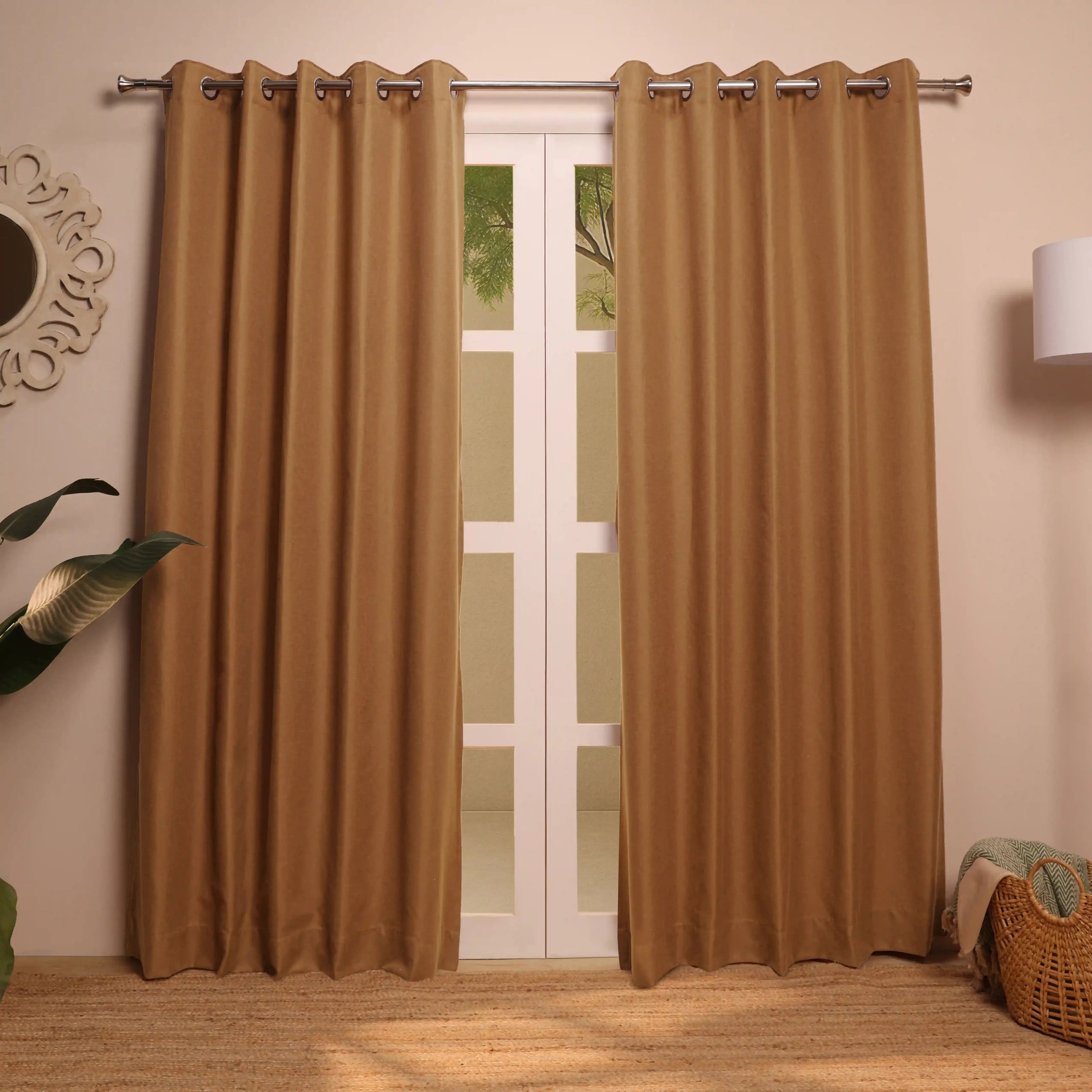 Paleto Set Of 2 Solid Readymade Curtains | Woven Calm Chestnut / Door-XL (9ft X 4.4ft)