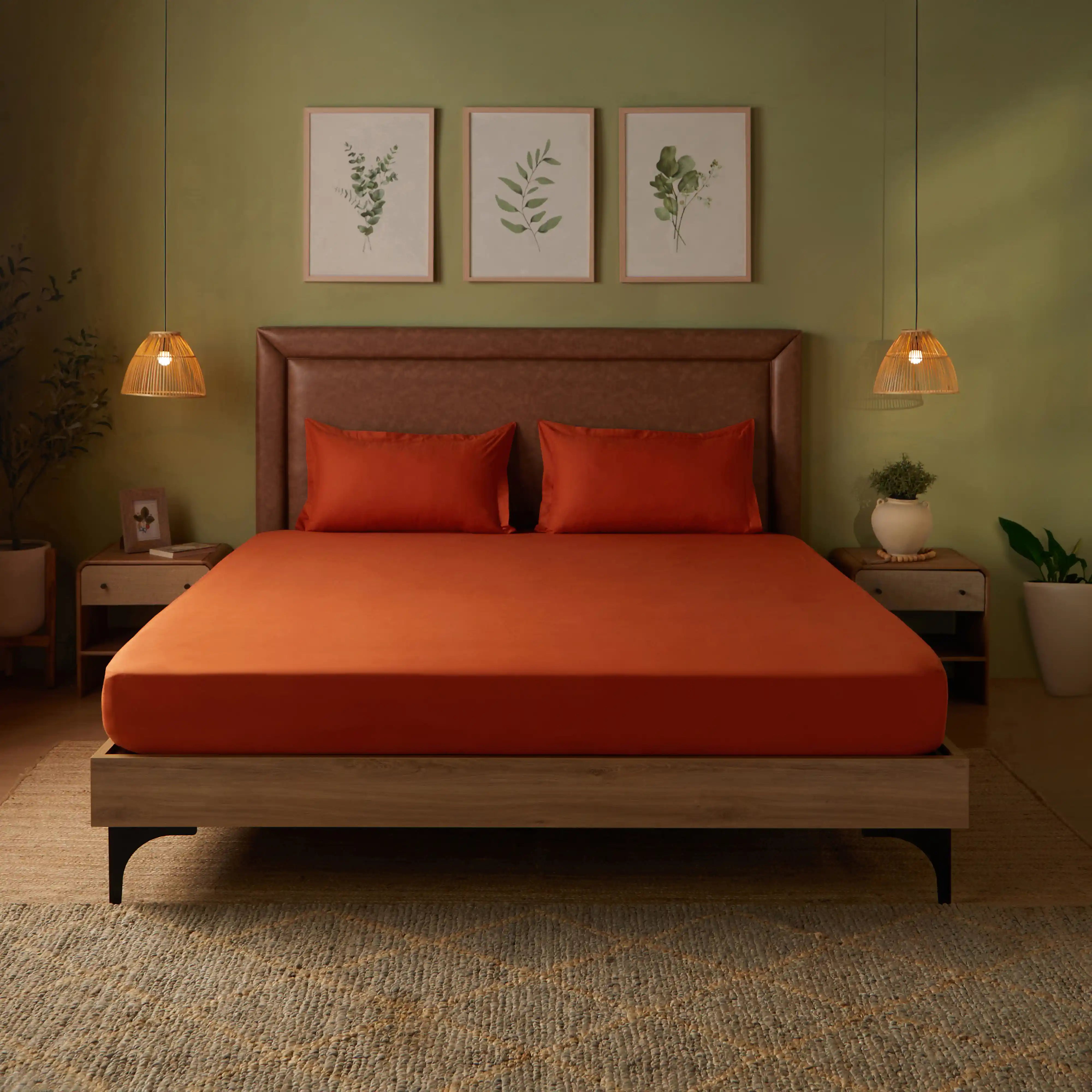 Paleto | Everyday Hues Solid Dyed Cotton Fitted Sheet Set-Rust Rust / King