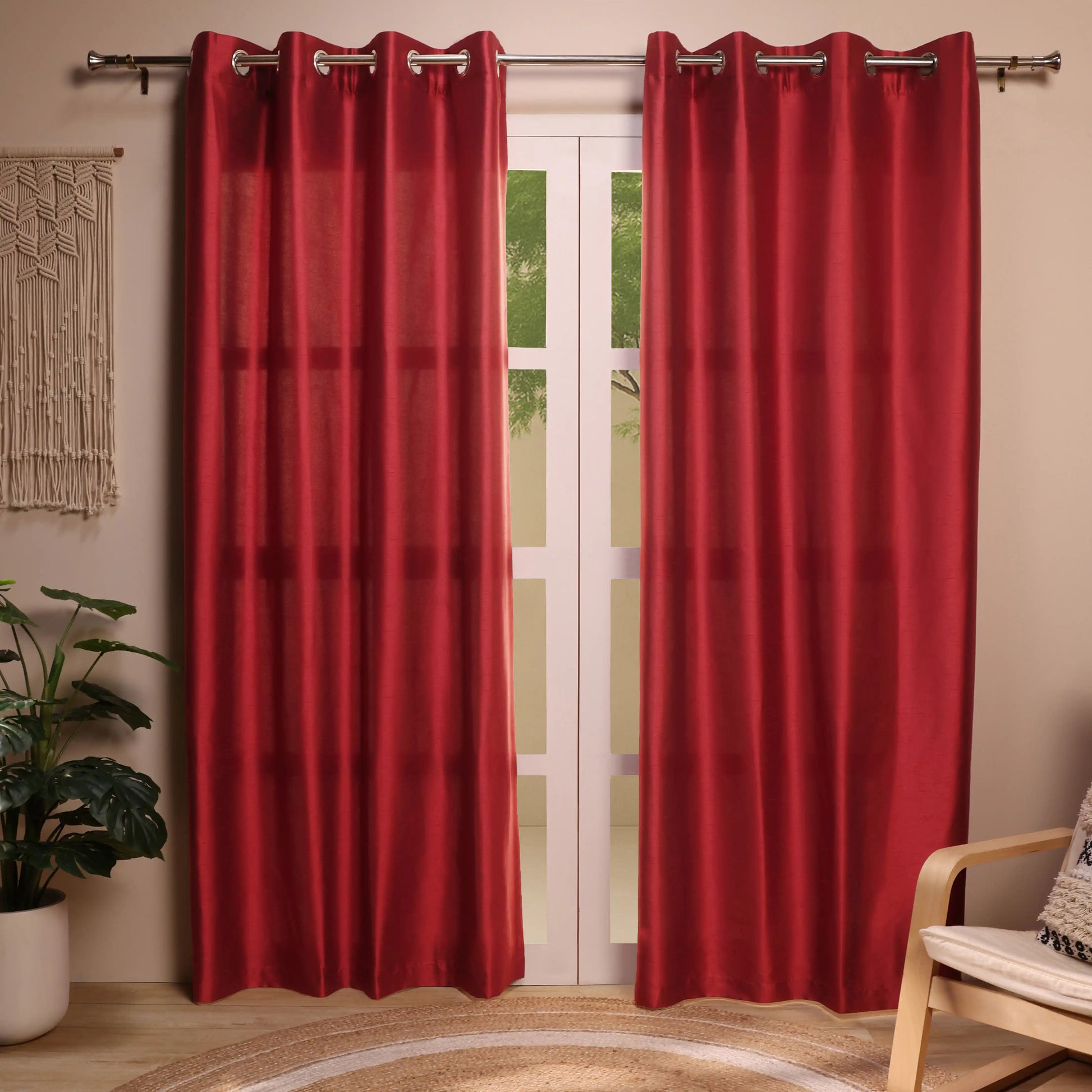 Paleto Set Of 2 Solid Readymade Curtains | Pure Hues Ruby Red / Door (4.25ft X 7.22ft)