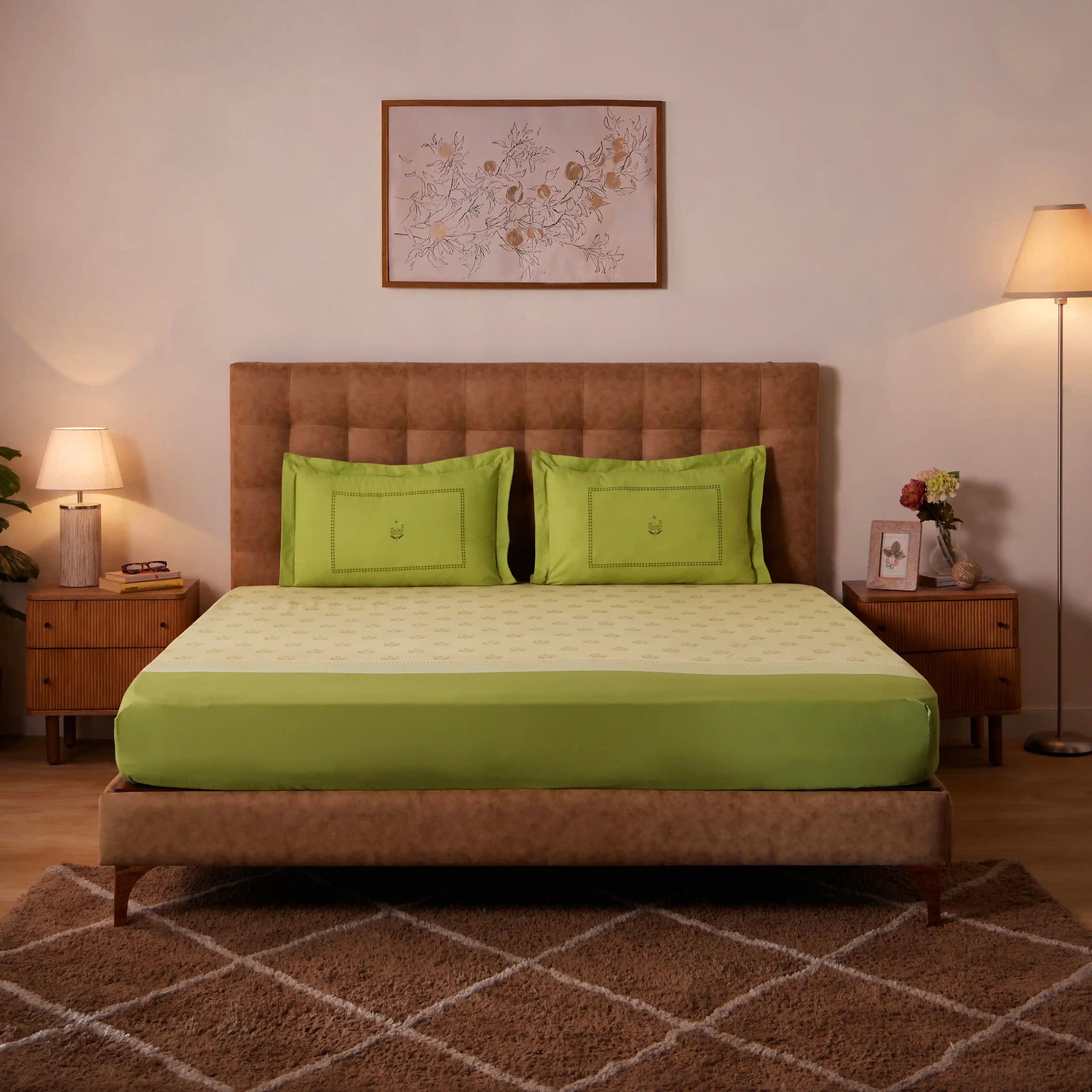 Chippa Lane | Contemporary Indian Print Design Cotton Fitted Sheet Set-Indian Moss Indian Moss / Queen