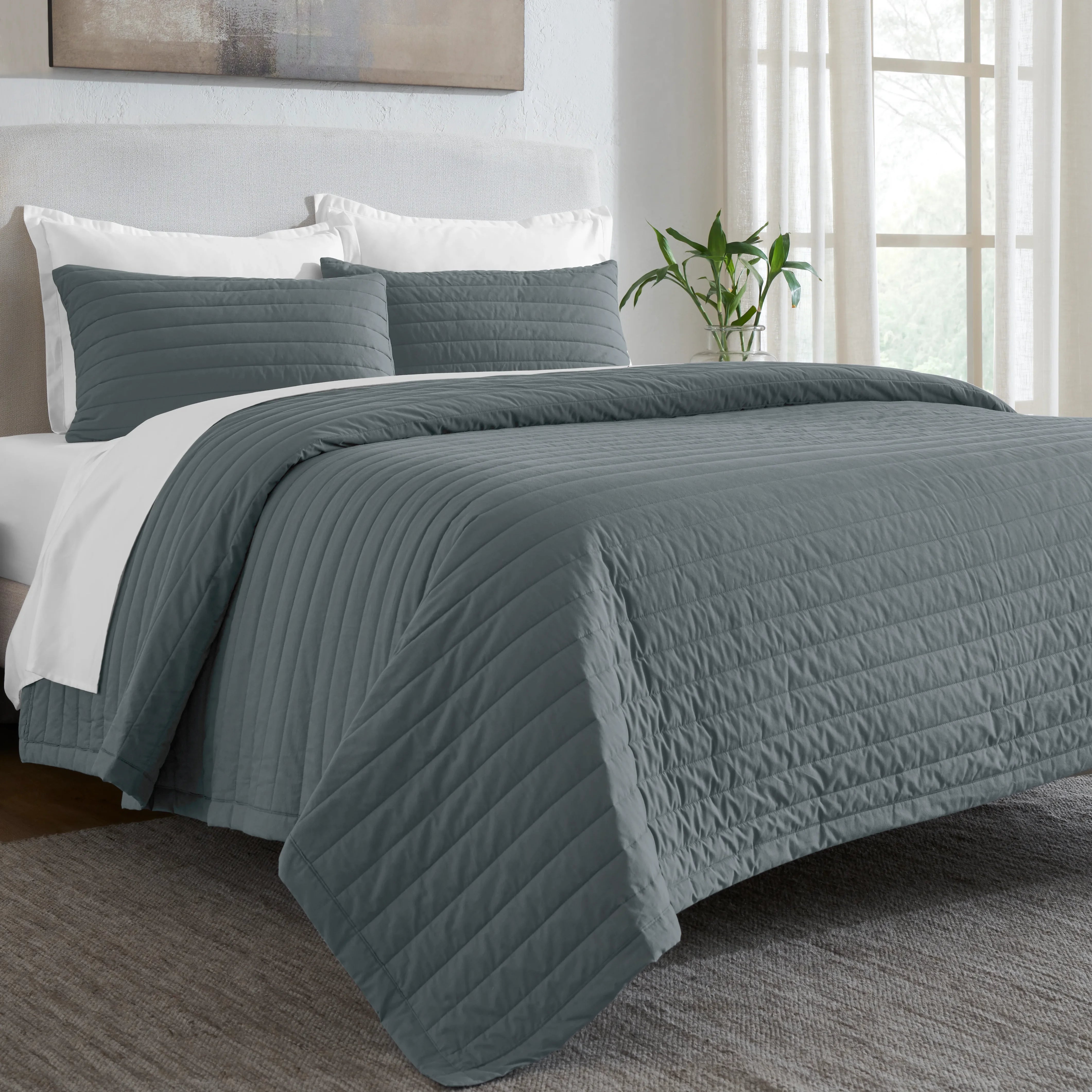 Nuvola | Luxurious Solid Dyed Straight Quilted Cotton Bedcover Set Charcoal